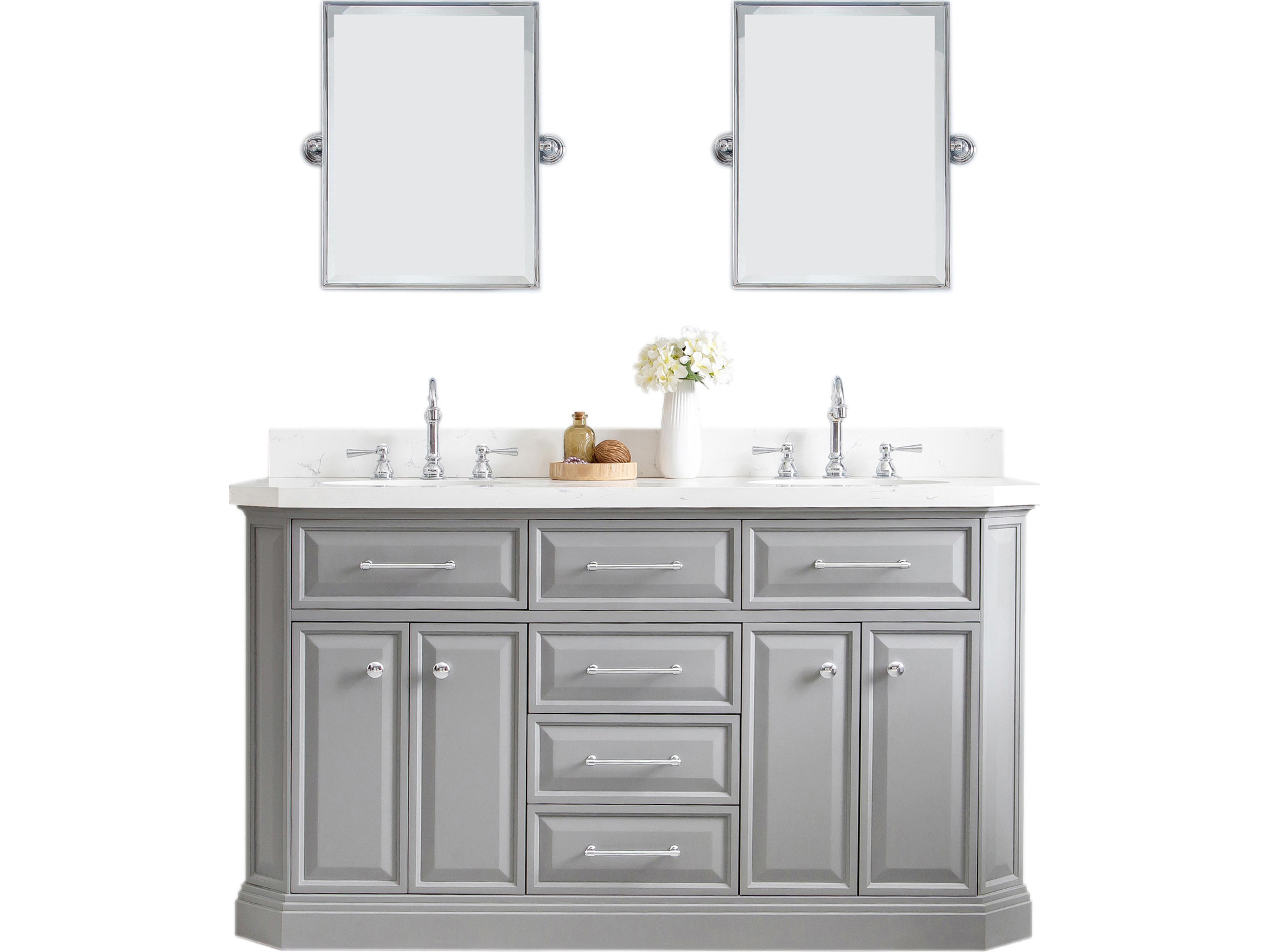 Water Creation Palace Double Sink Carrara Quartz Countertop Bath Vanity in Cashmere Grey with Chrome Hardware, Hook Faucets and Rectangular Pivot Mirrors