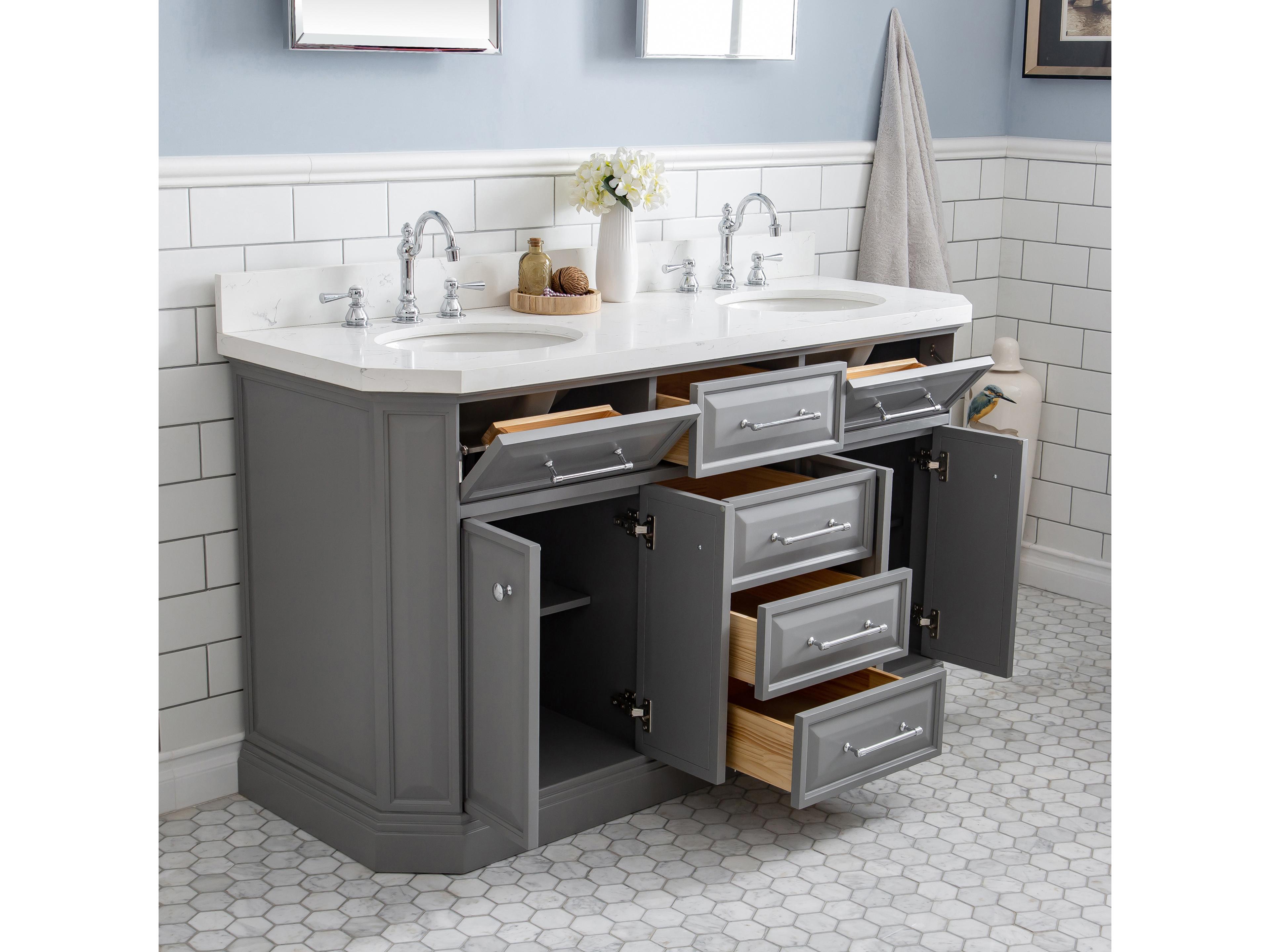 Water Creation Palace Double Sink Carrara Quartz Countertop Bath Vanity in Cashmere Grey with Chrome Hardware, Hook Faucets and Rectangular Pivot Mirrors