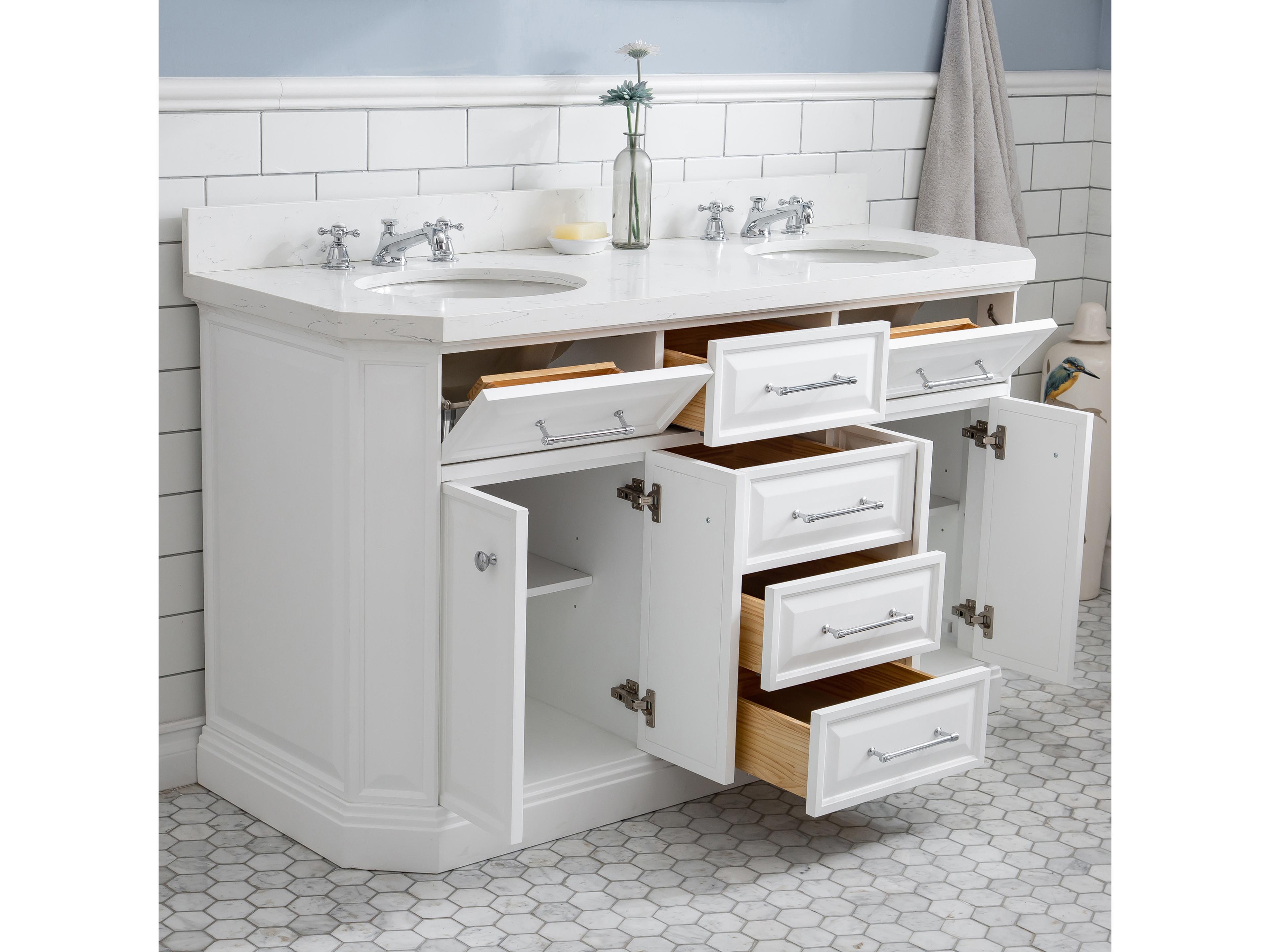 Water Creation Palace Double Sink Carrara Quartz Countertop Bath Vanity in Pure White with Chrome Hardware