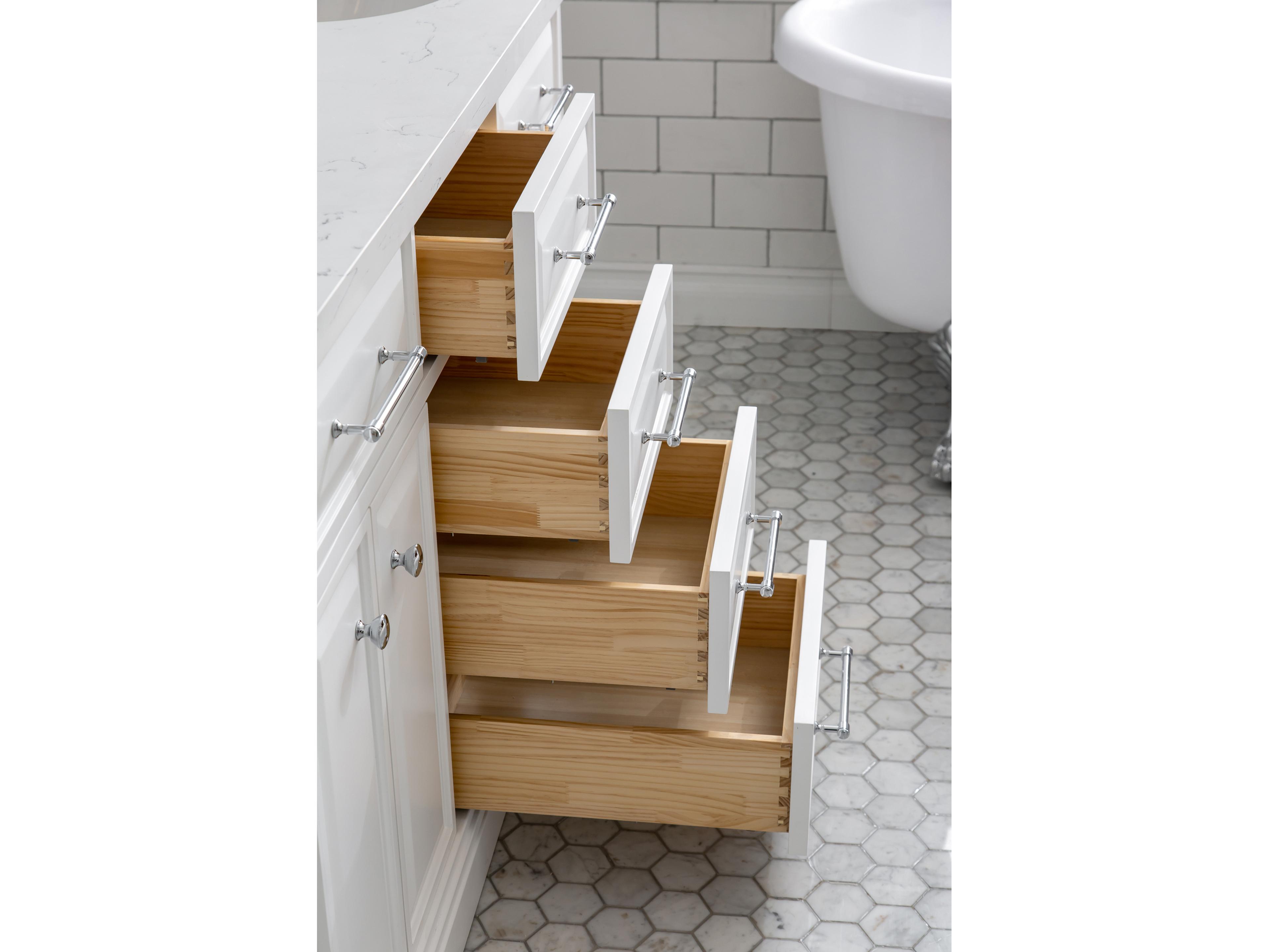 Water Creation Palace Double Sink Carrara Quartz Countertop Bath Vanity in Pure White with Chrome Hardware