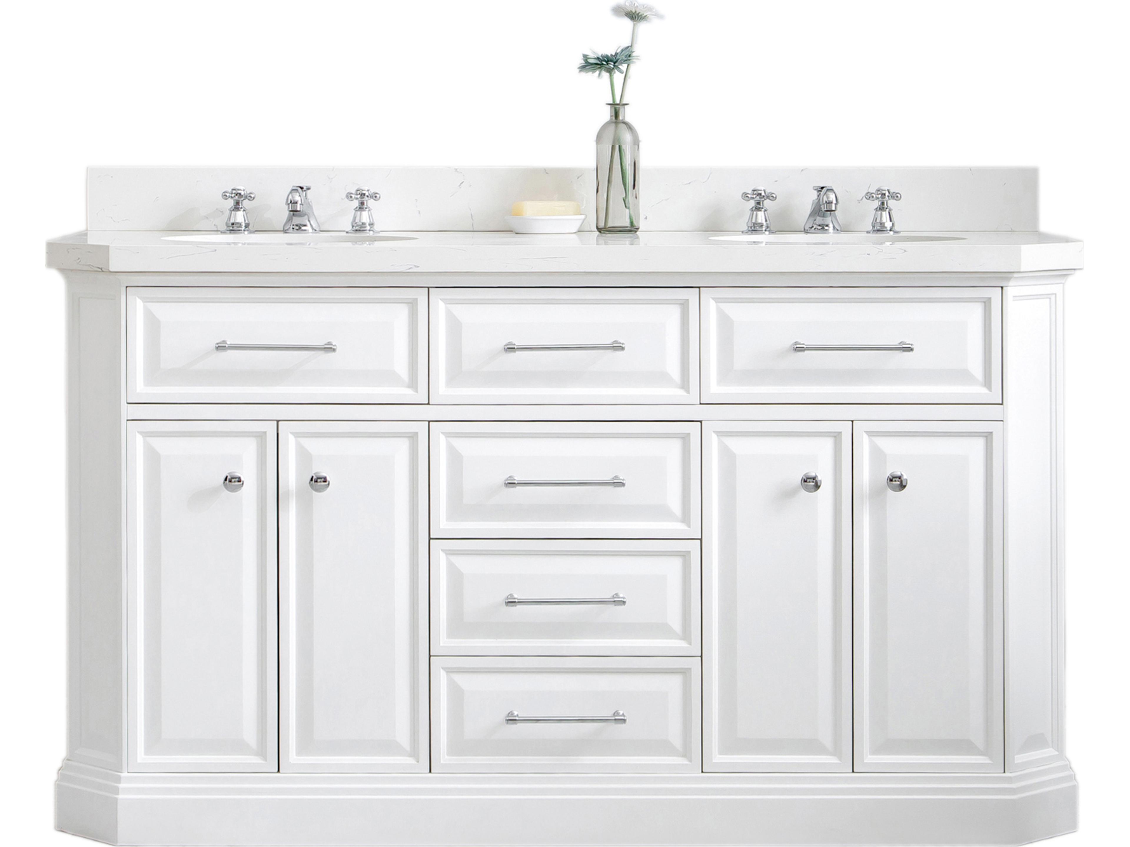 Water Creation Palace Double Sink Carrara Quartz Countertop Bath Vanity in Pure White with Chrome Hardware and Classic Faucets