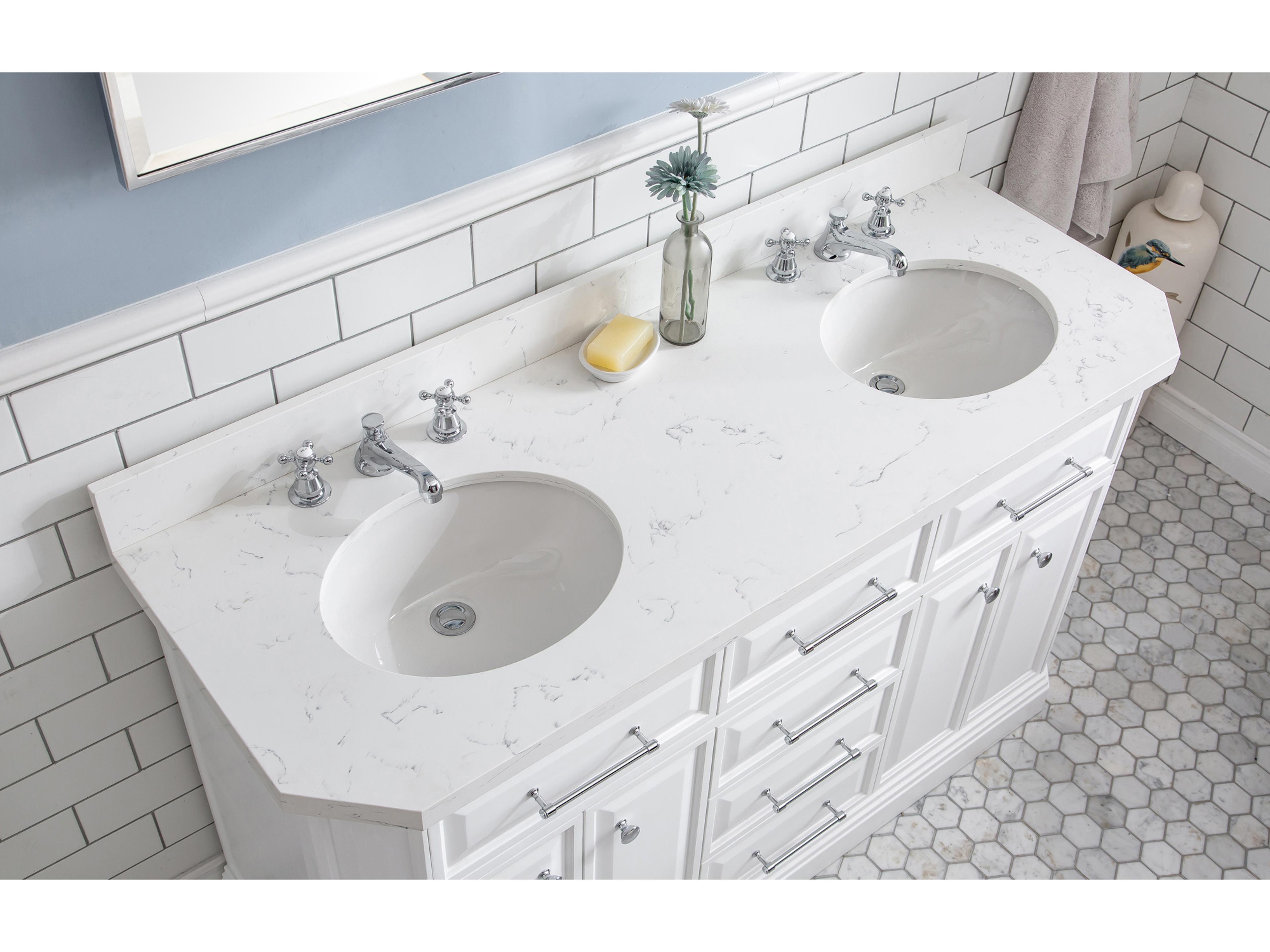 Water Creation Palace Double Sink Carrara Quartz Countertop Bath Vanity in Pure White with Chrome Hardware and Classic Faucets