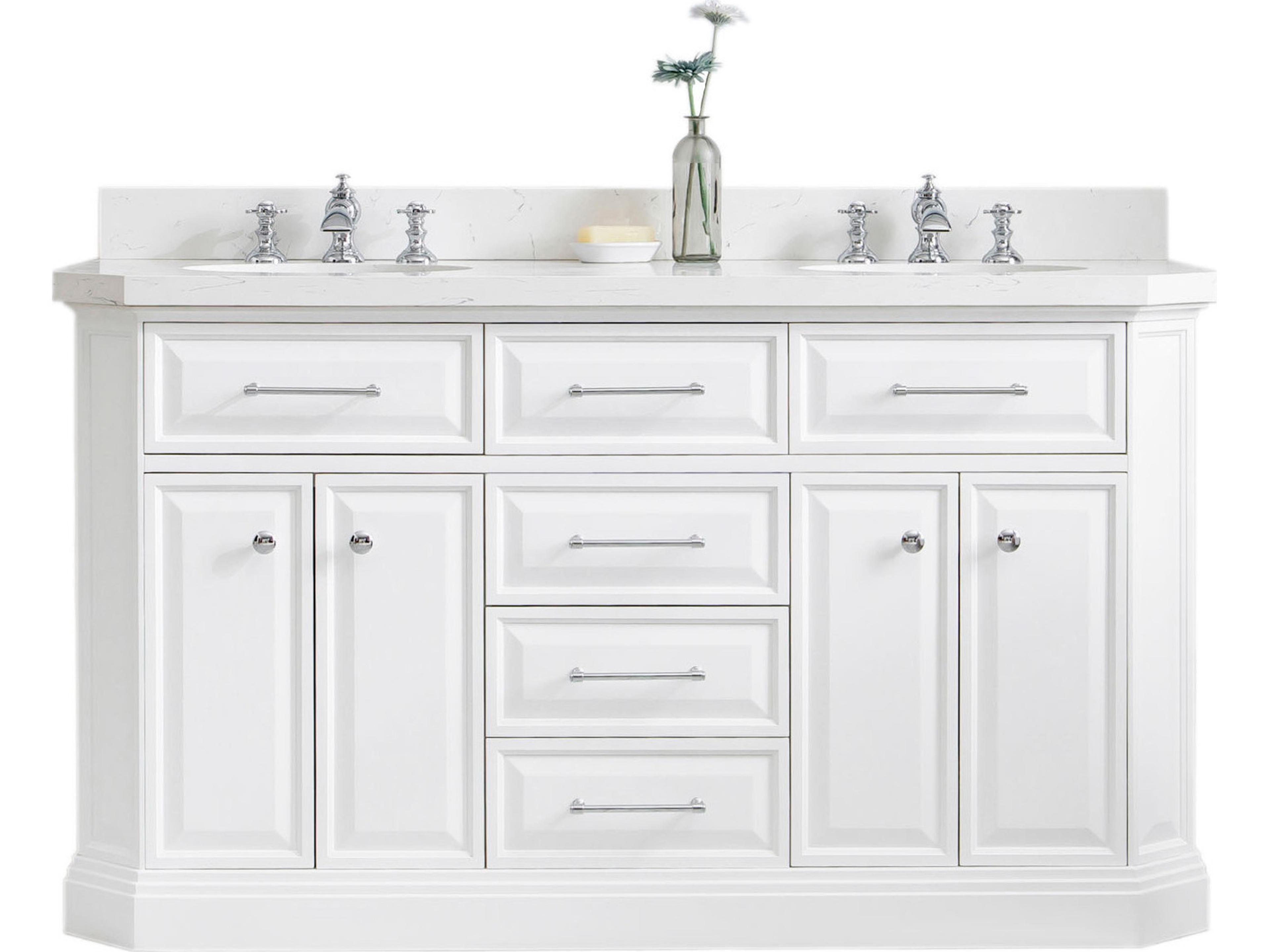 Water Creation Palace Double Sink Carrara Quartz Countertop Bath Vanity in Pure White with Chrome Hardware and Waterfall Faucets