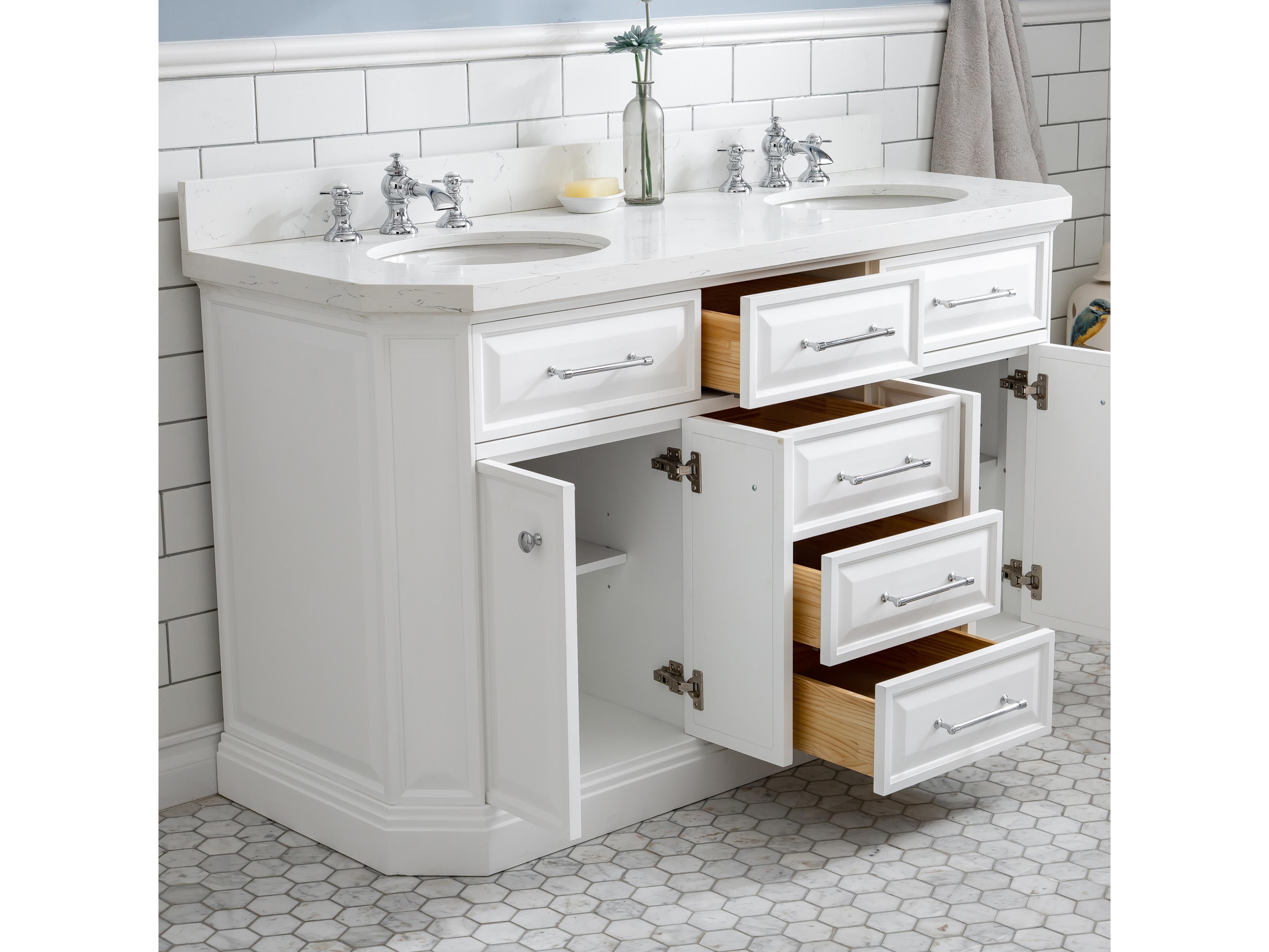 Water Creation Palace Double Sink Carrara Quartz Countertop Bath Vanity in Pure White with Chrome Hardware and Waterfall Faucets