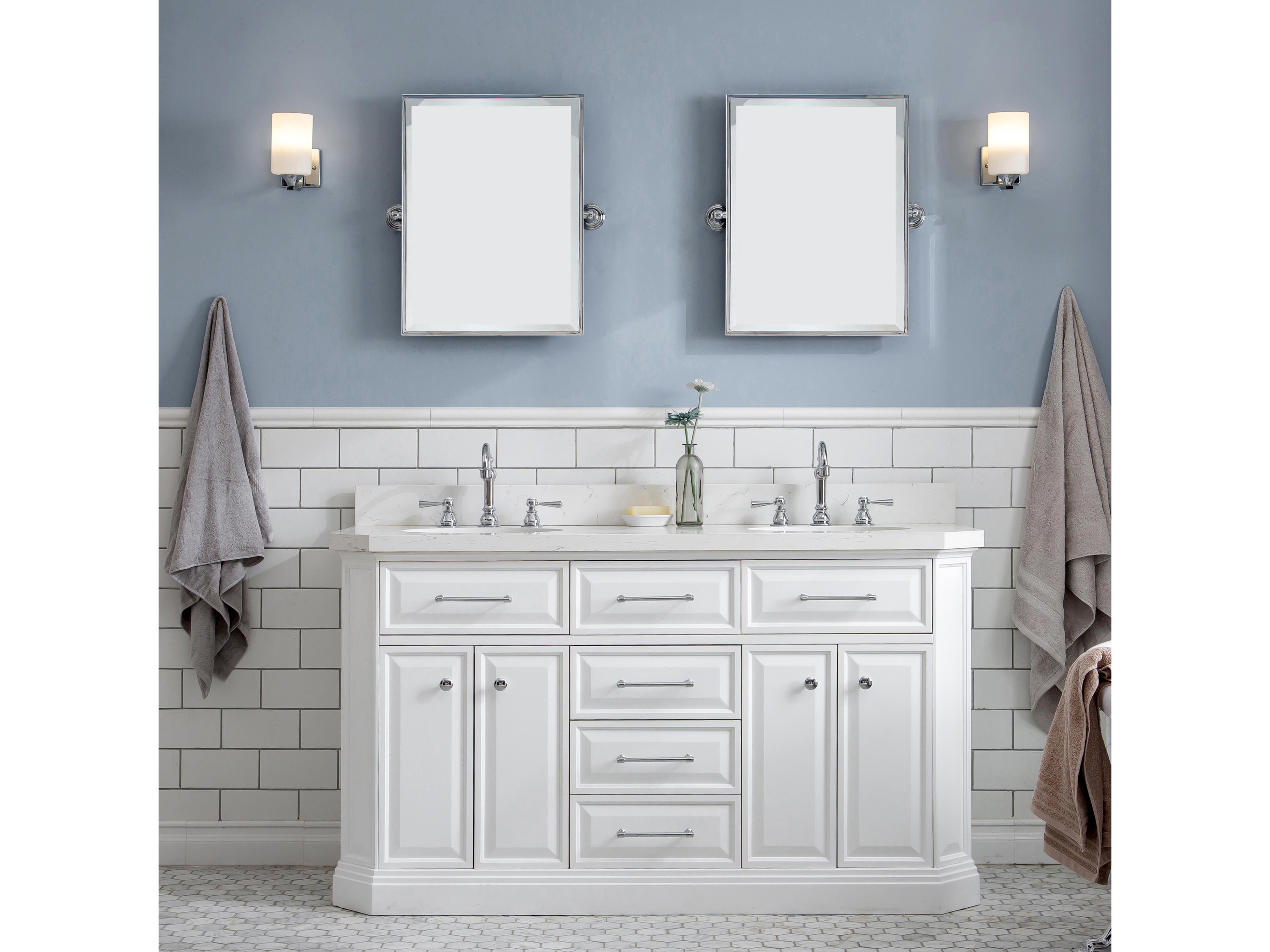 Water Creation Palace Double Sink Carrara Quartz Countertop Bath Vanity in Pure White with Chrome Hardware and Hook Faucets