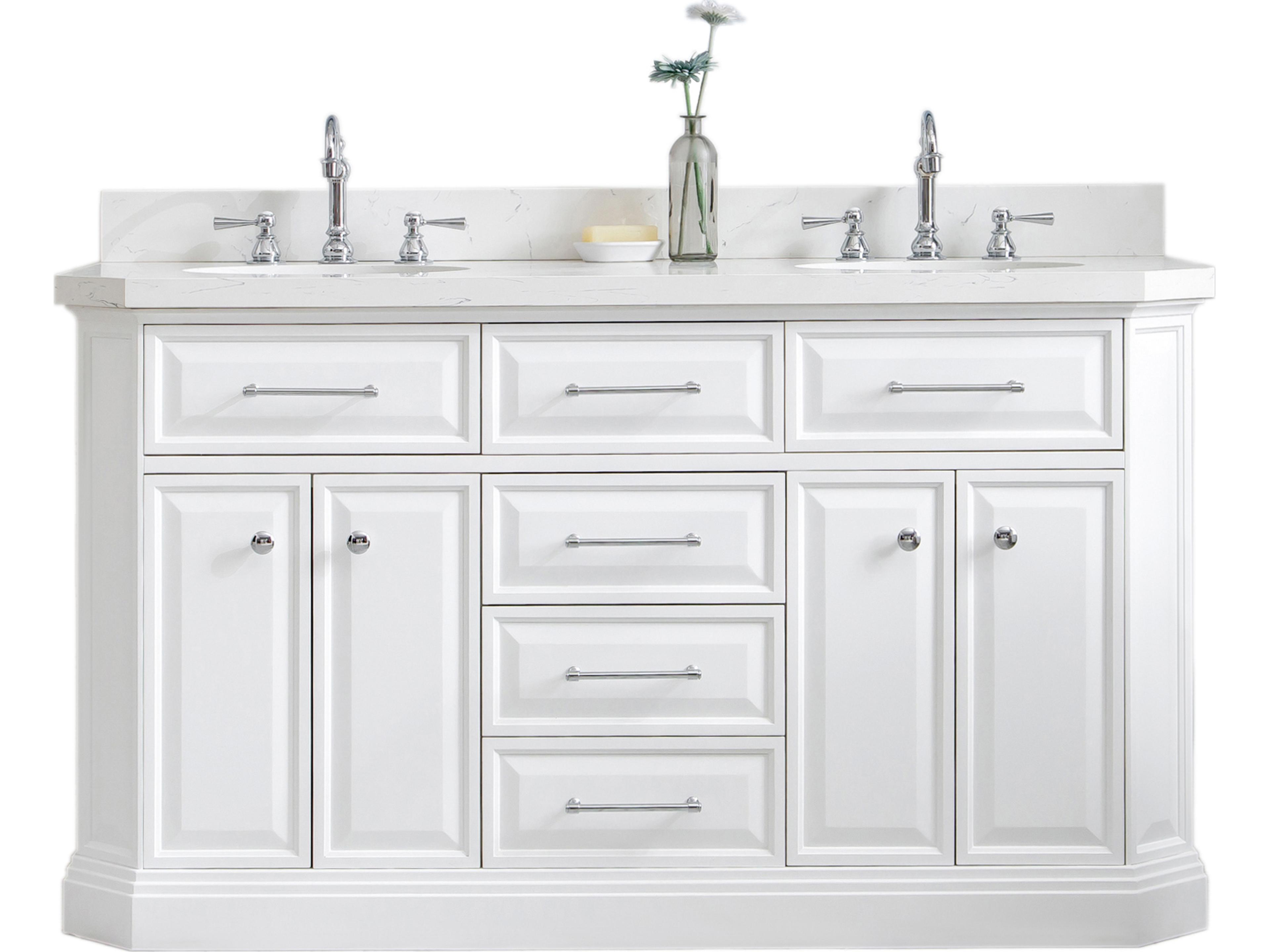 Palace Double Sink Carrara Quartz Countertop Bath Vanity in Pure White with Chrome Hardware and Hook Faucets