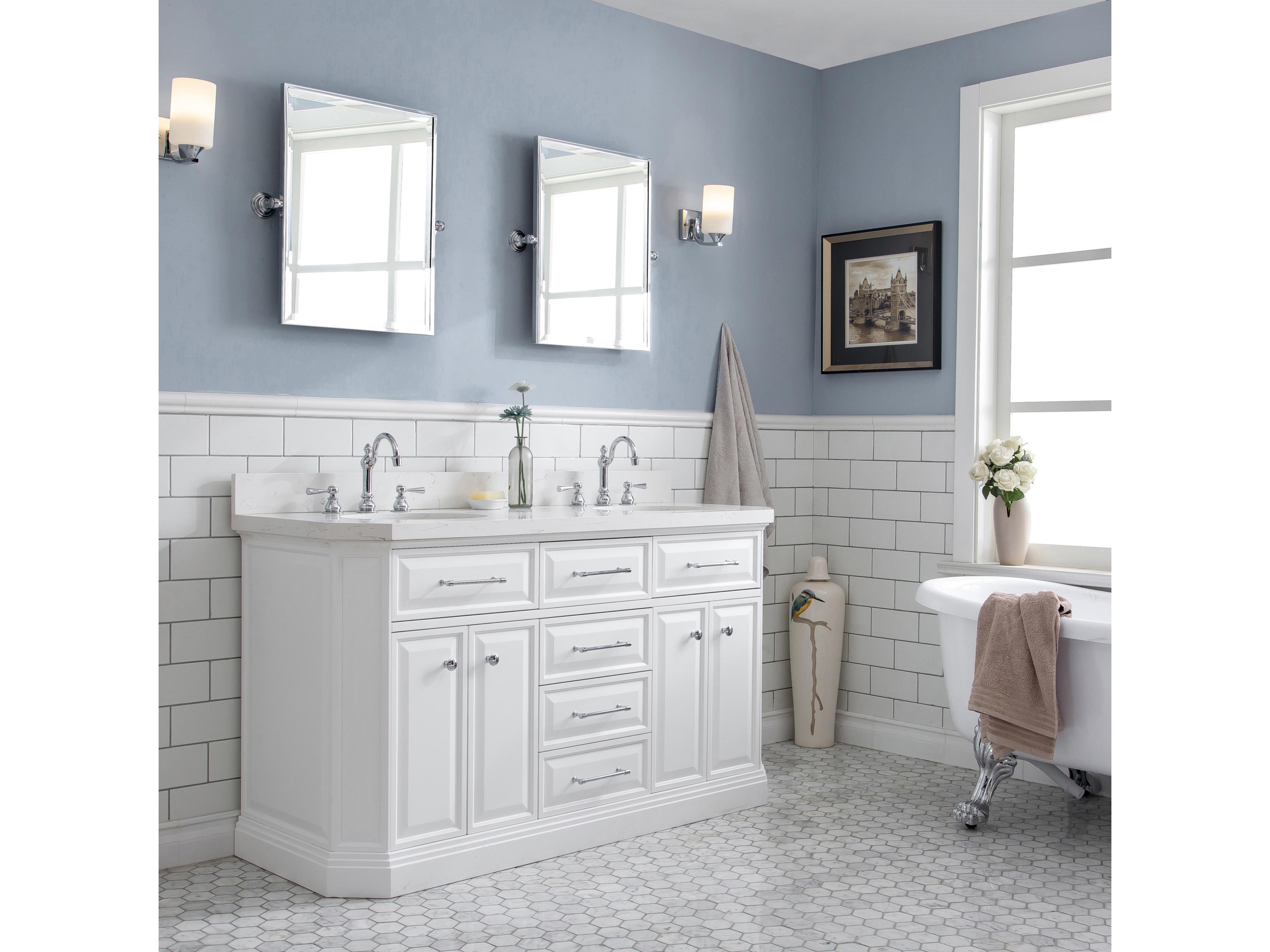 Water Creation Palace Double Sink Carrara Quartz Countertop Bath Vanity in Pure White with Chrome Hardware and Hook Faucets