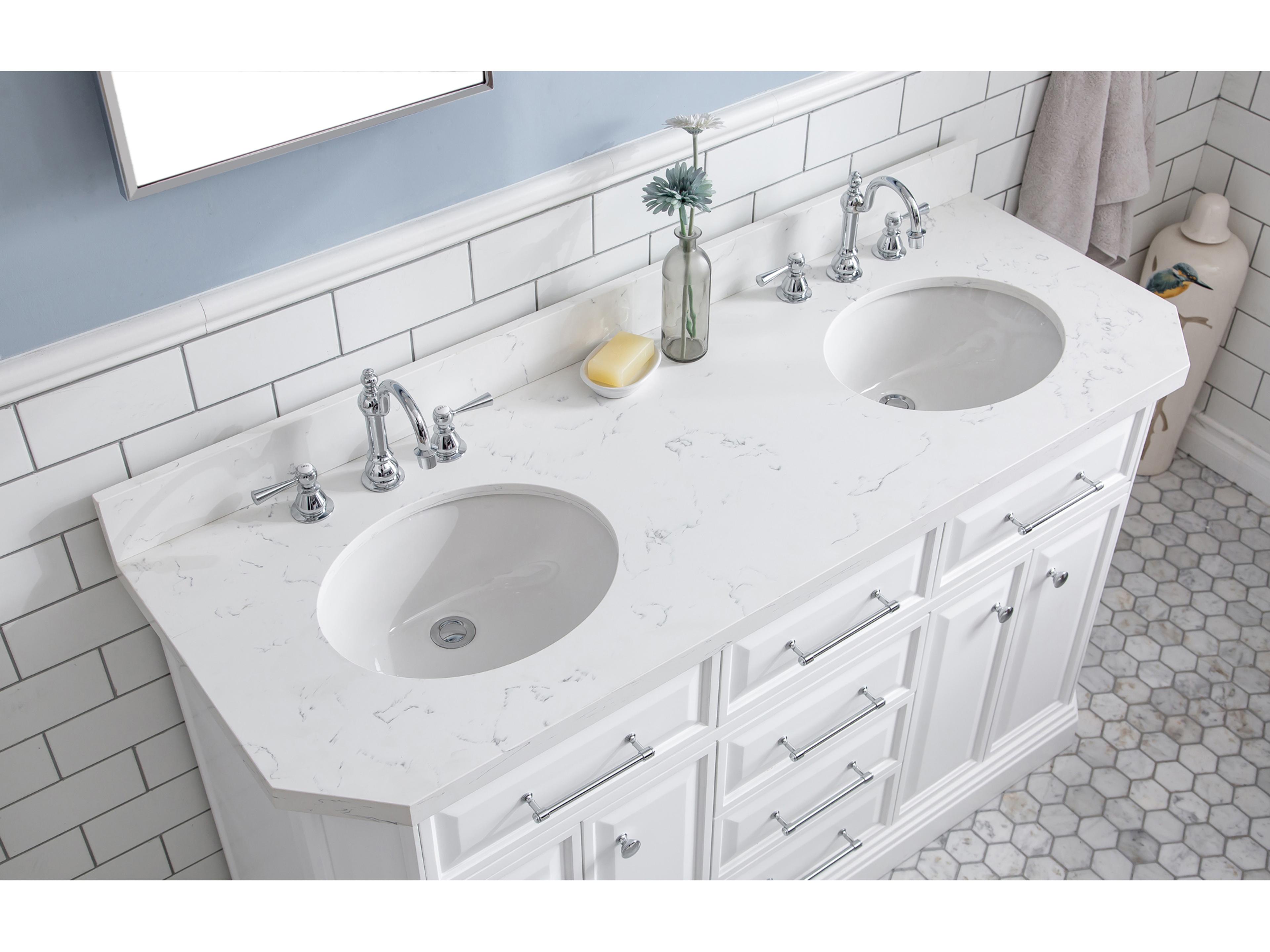 Water Creation Palace Double Sink Carrara Quartz Countertop Bath Vanity in Pure White with Chrome Hardware and Hook Faucets