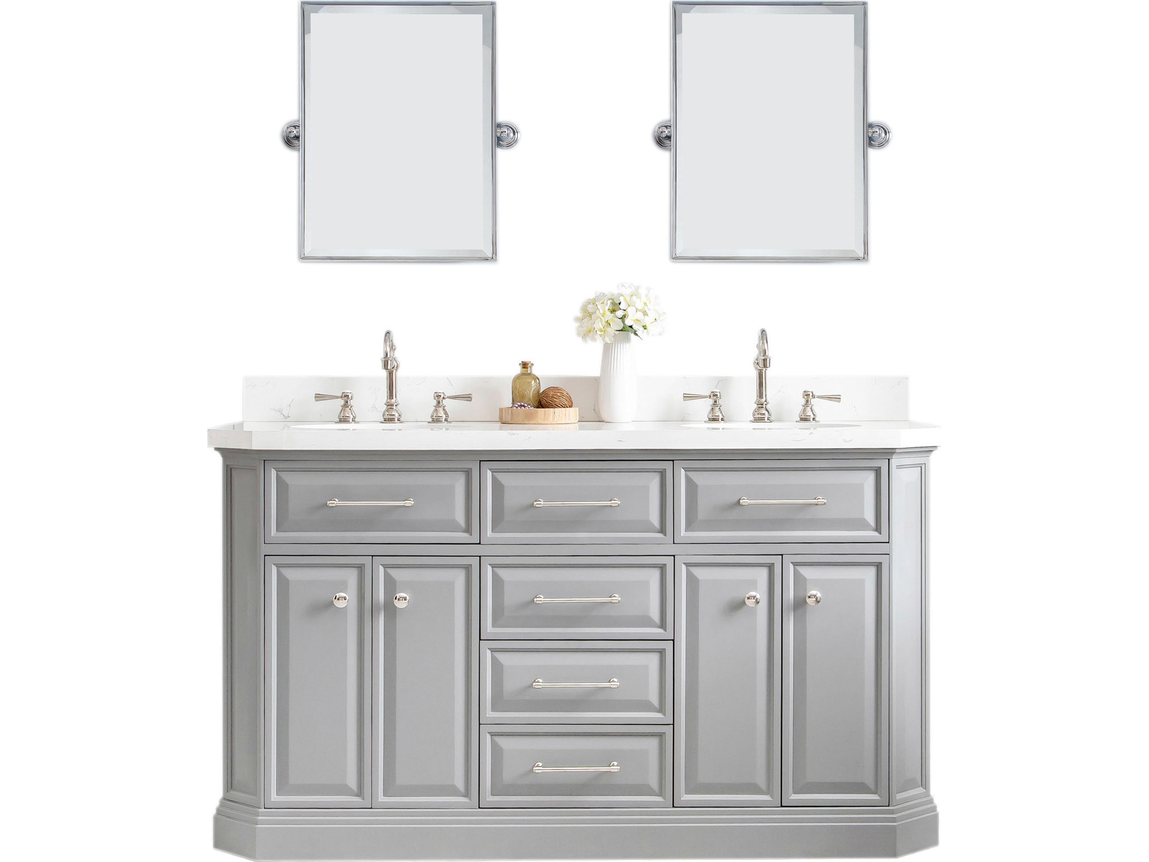Palace Double Sink Carrara Quartz Countertop Bath Vanity in Cashmere Grey with Polished Nickel (PVD) Hardware and Rectangular Pivot Mirrors