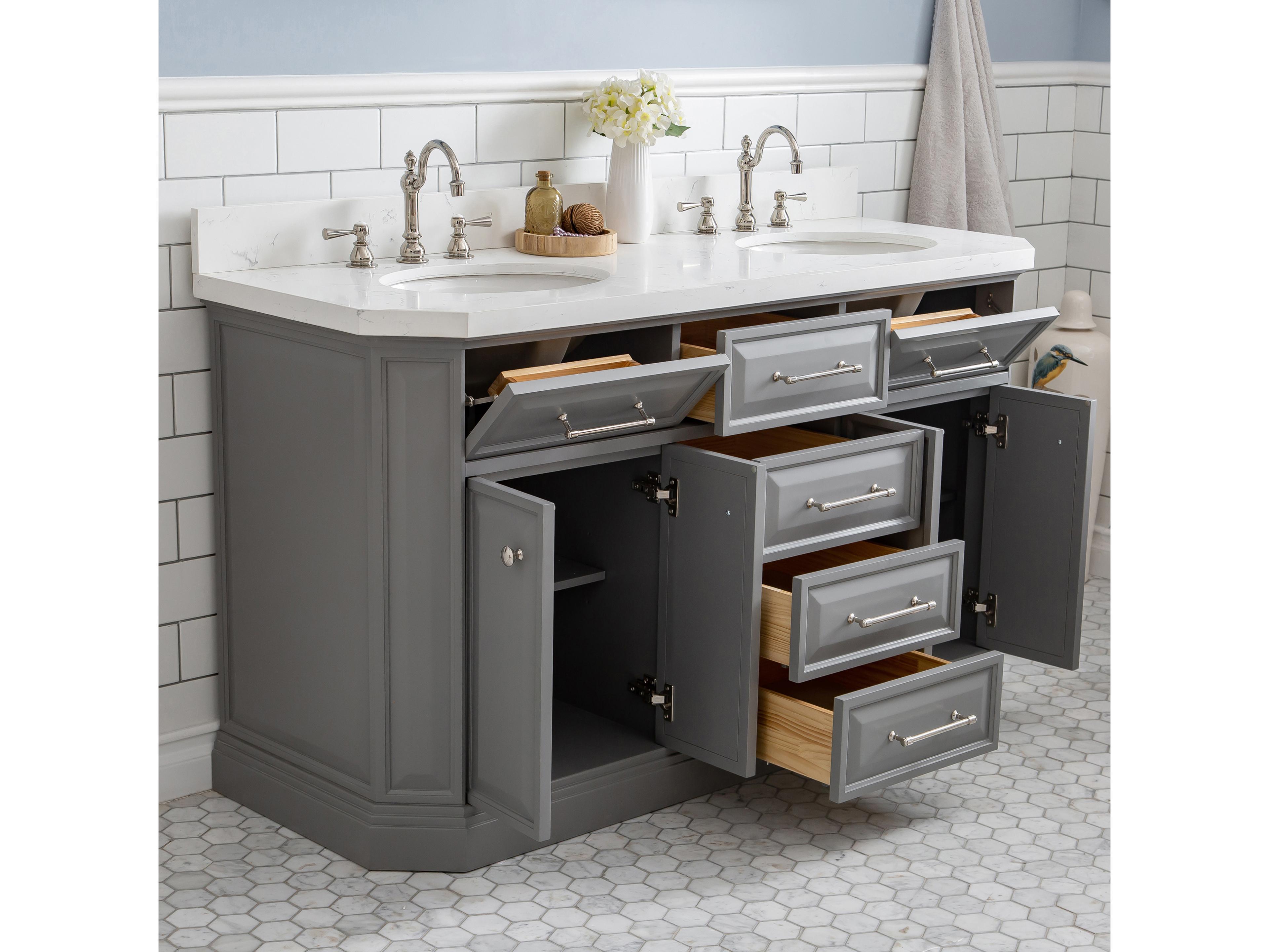 Water Creation Palace Double Sink Carrara Quartz Countertop Bath Vanity in Cashmere Grey with Polished Nickel (PVD) Hardware and Rectangular Pivot Mirrors