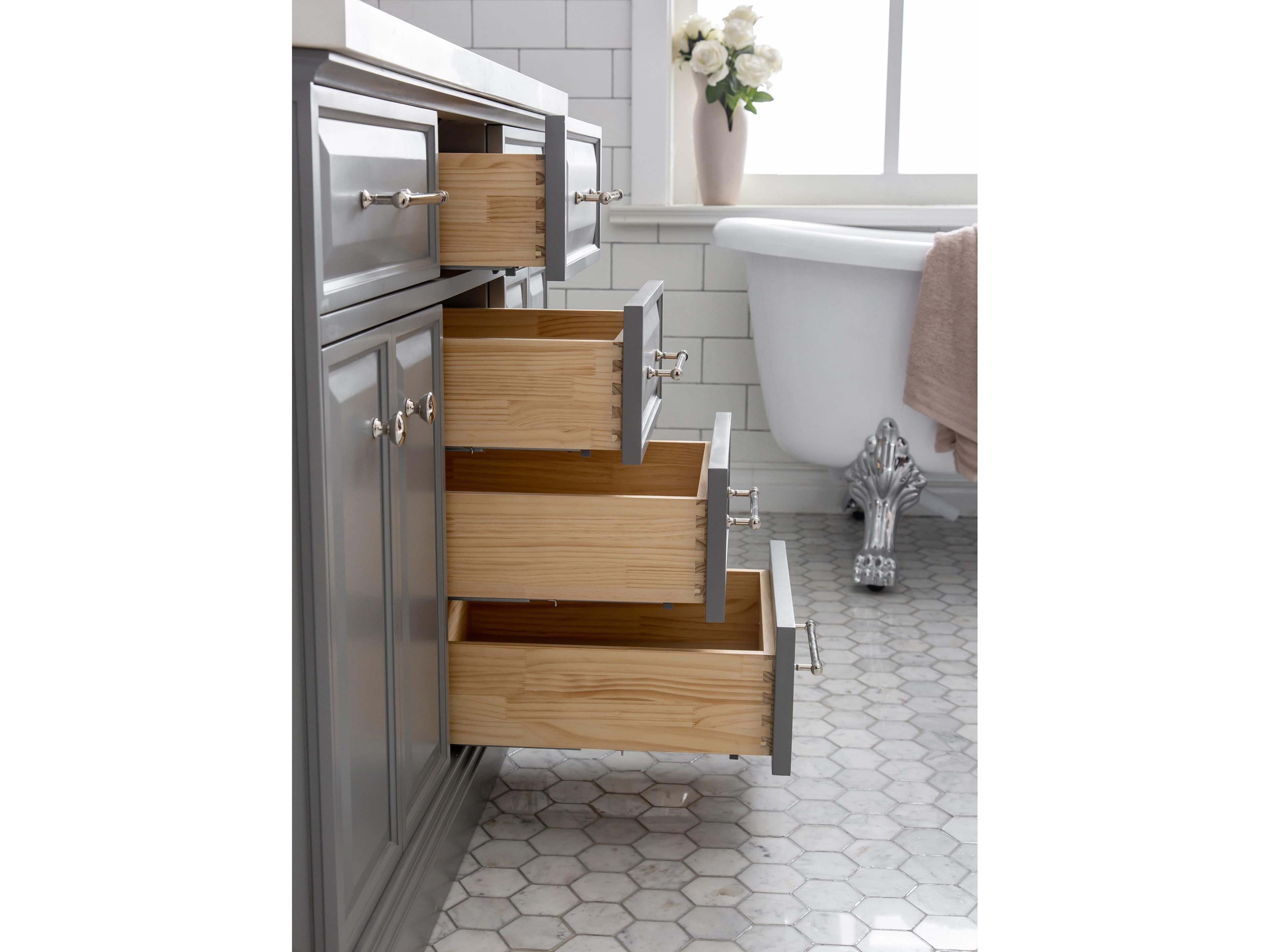 Water Creation Palace Double Sink Carrara Quartz Countertop Bath Vanity in Cashmere Grey with Polished Nickel (PVD) Hardware and Rectangular Pivot Mirrors