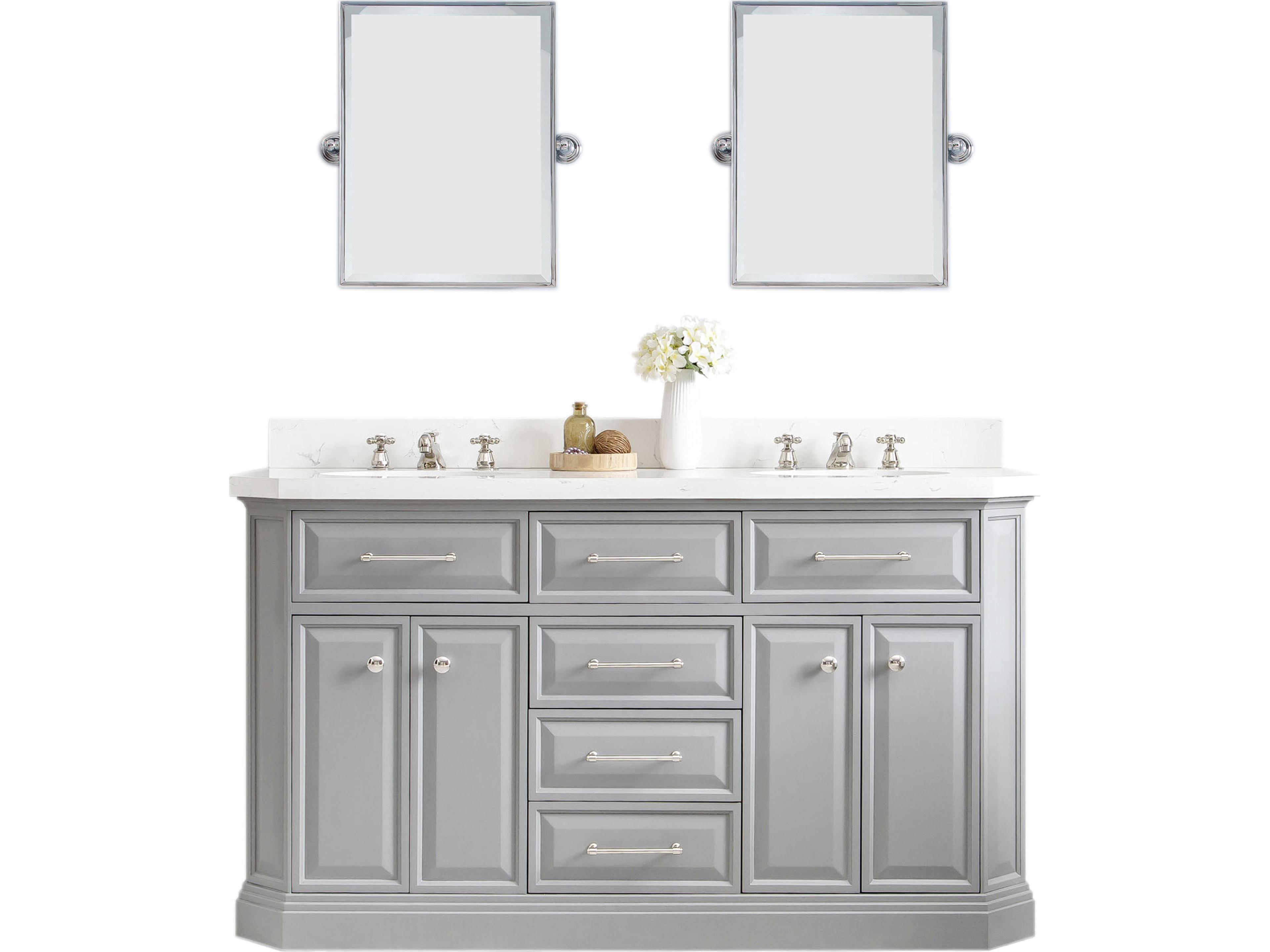 Palace Double Sink Carrara Quartz Countertop Bath Vanity in Cashmere Grey with Polished Nickel (PVD) Hardware, Classic Faucets and Rectangular Pivot Mirrors