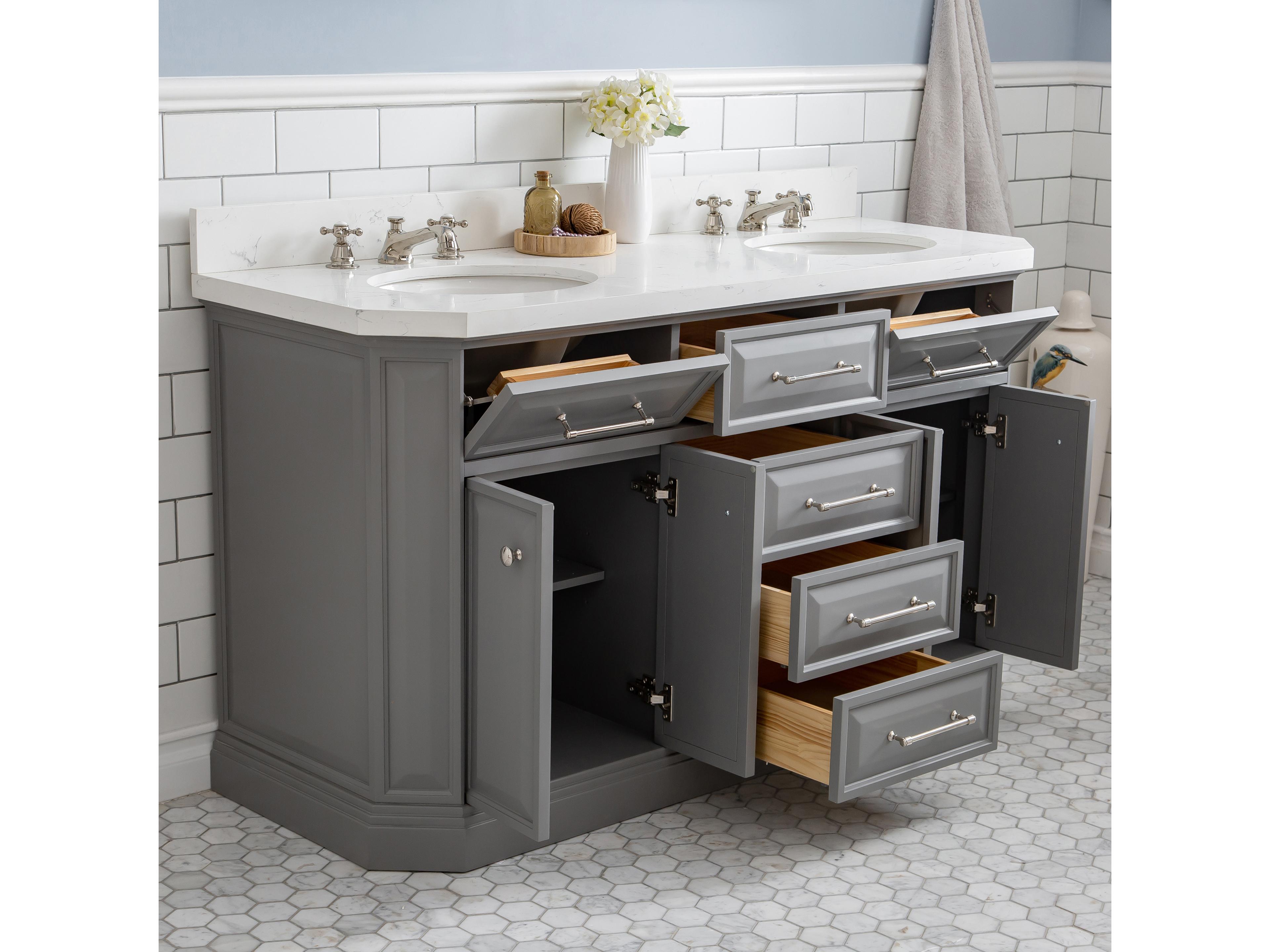 Water Creation Palace Double Sink Carrara Quartz Countertop Bath Vanity in Cashmere Grey with Polished Nickel (PVD) Hardware, Classic Faucets and Rectangular Pivot Mirrors
