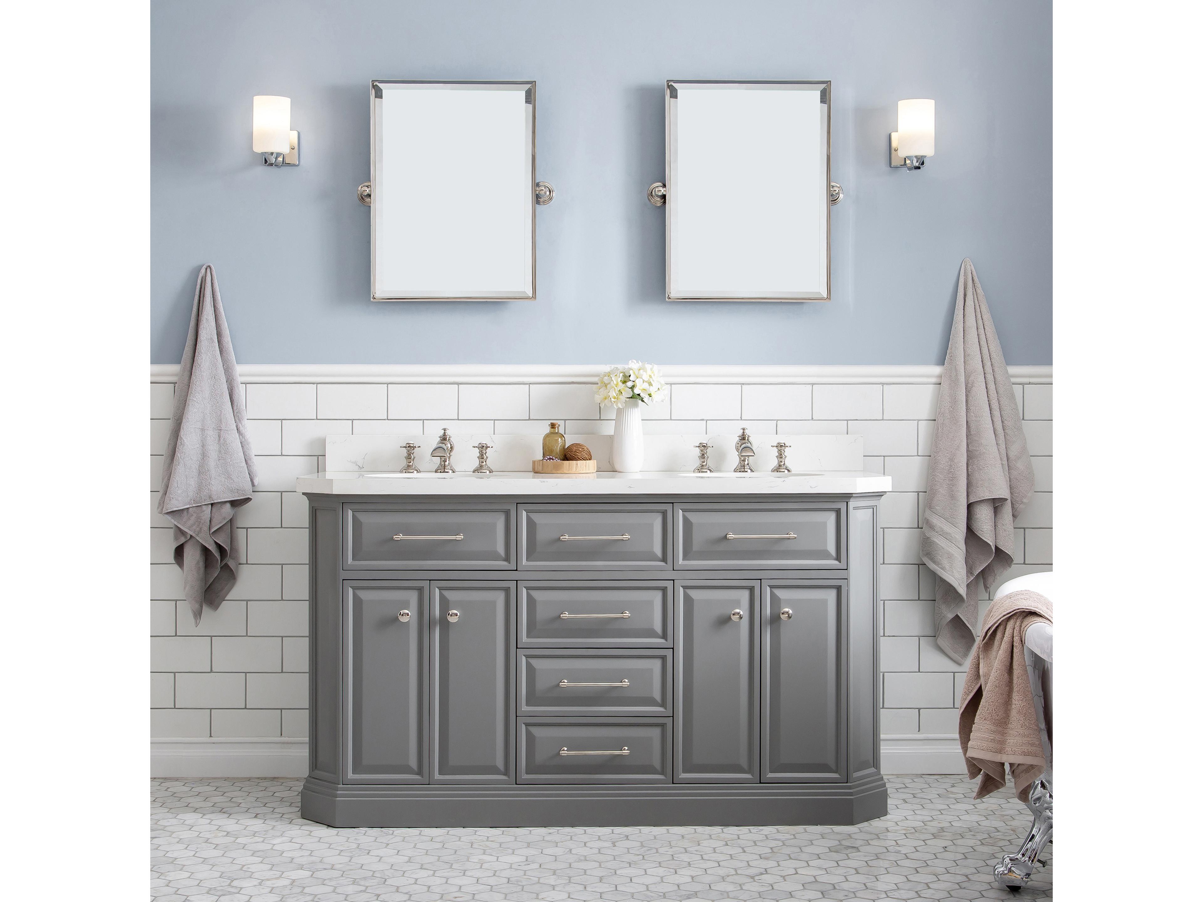 Water Creation Palace Double Sink Carrara Quartz Countertop Bath Vanity in Cashmere Grey with Polished Nickel (PVD) Hardware, Waterfall Faucets and Rectangular Pivot Mirrorsity