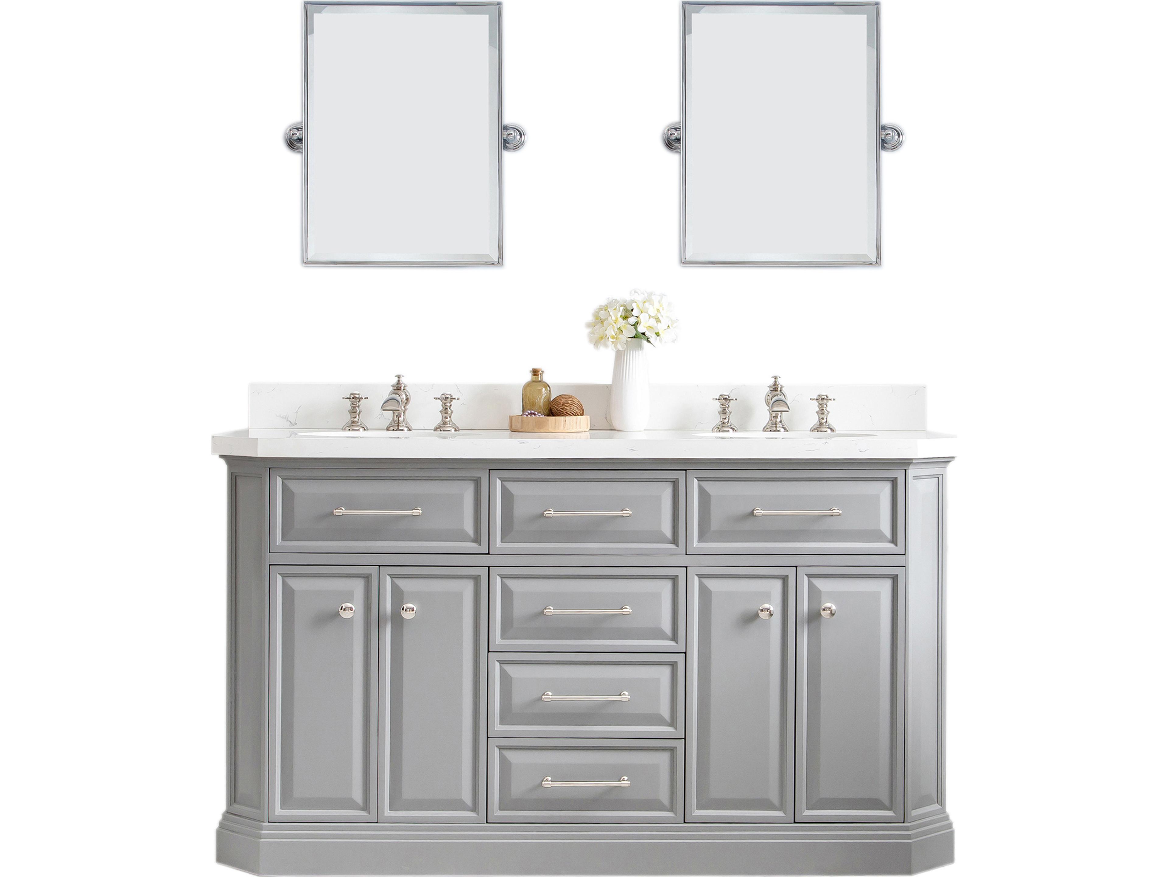 Water Creation Palace Double Sink Carrara Quartz Countertop Bath Vanity in Cashmere Grey with Polished Nickel (PVD) Hardware, Waterfall Faucets and Rectangular Pivot Mirrorsity