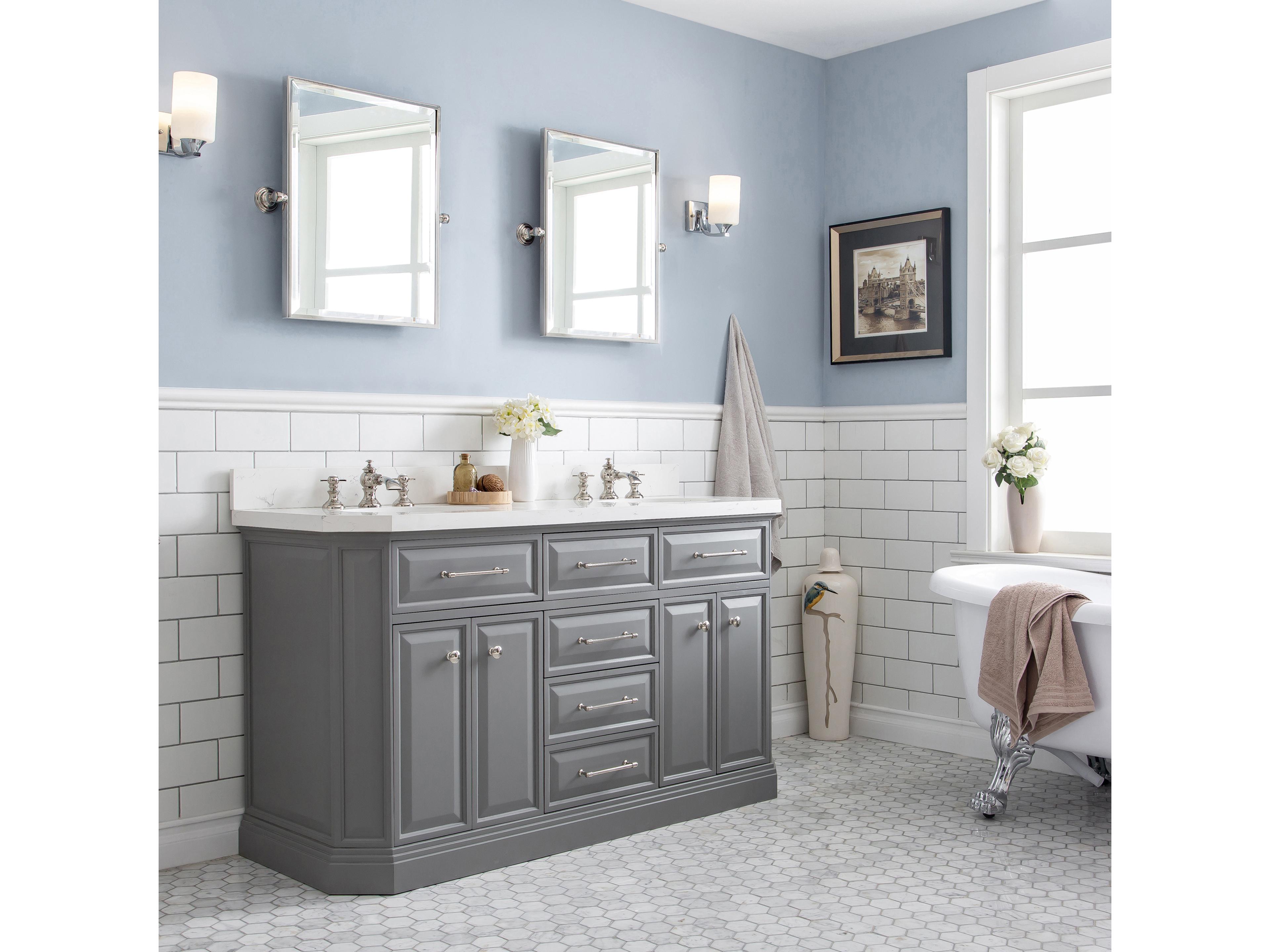 Water Creation Palace Double Sink Carrara Quartz Countertop Bath Vanity in Cashmere Grey with Polished Nickel (PVD) Hardware, Waterfall Faucets and Rectangular Pivot Mirrorsity