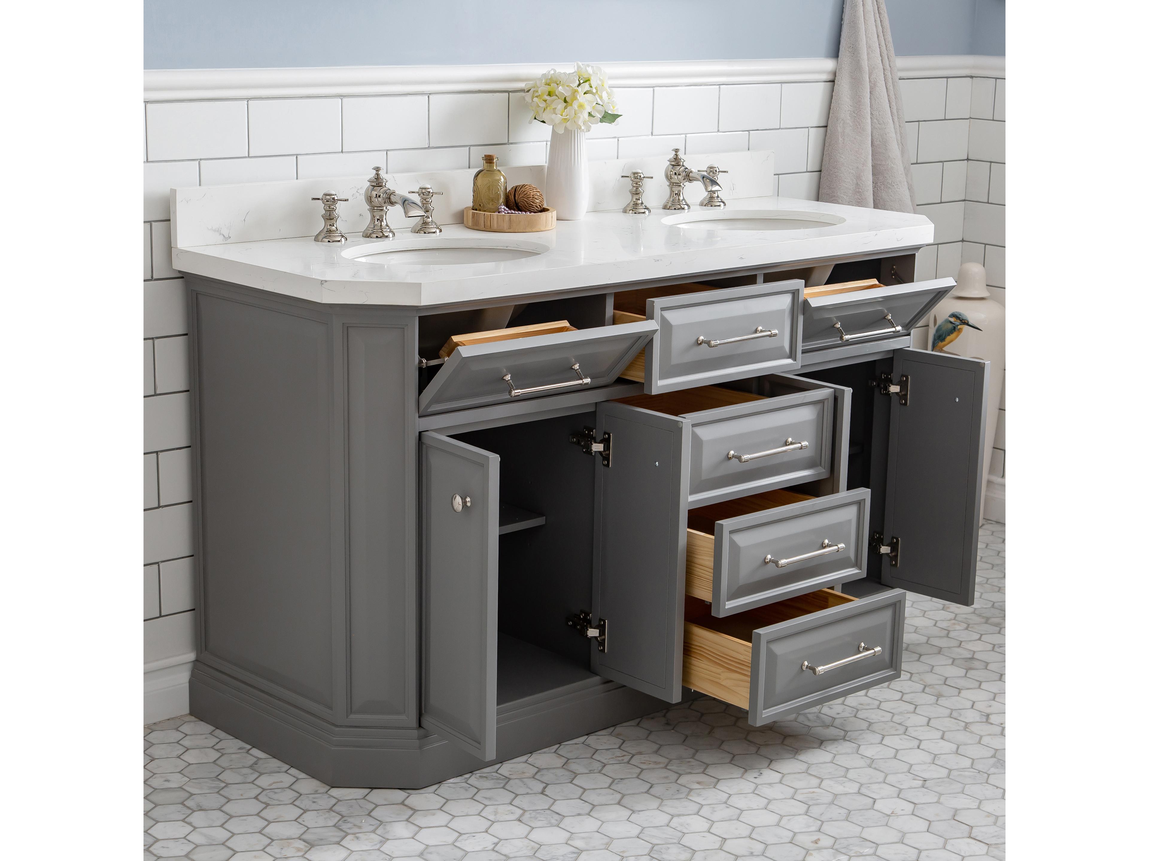 Water Creation Palace Double Sink Carrara Quartz Countertop Bath Vanity in Cashmere Grey with Polished Nickel (PVD) Hardware, Waterfall Faucets and Rectangular Pivot Mirrorsity