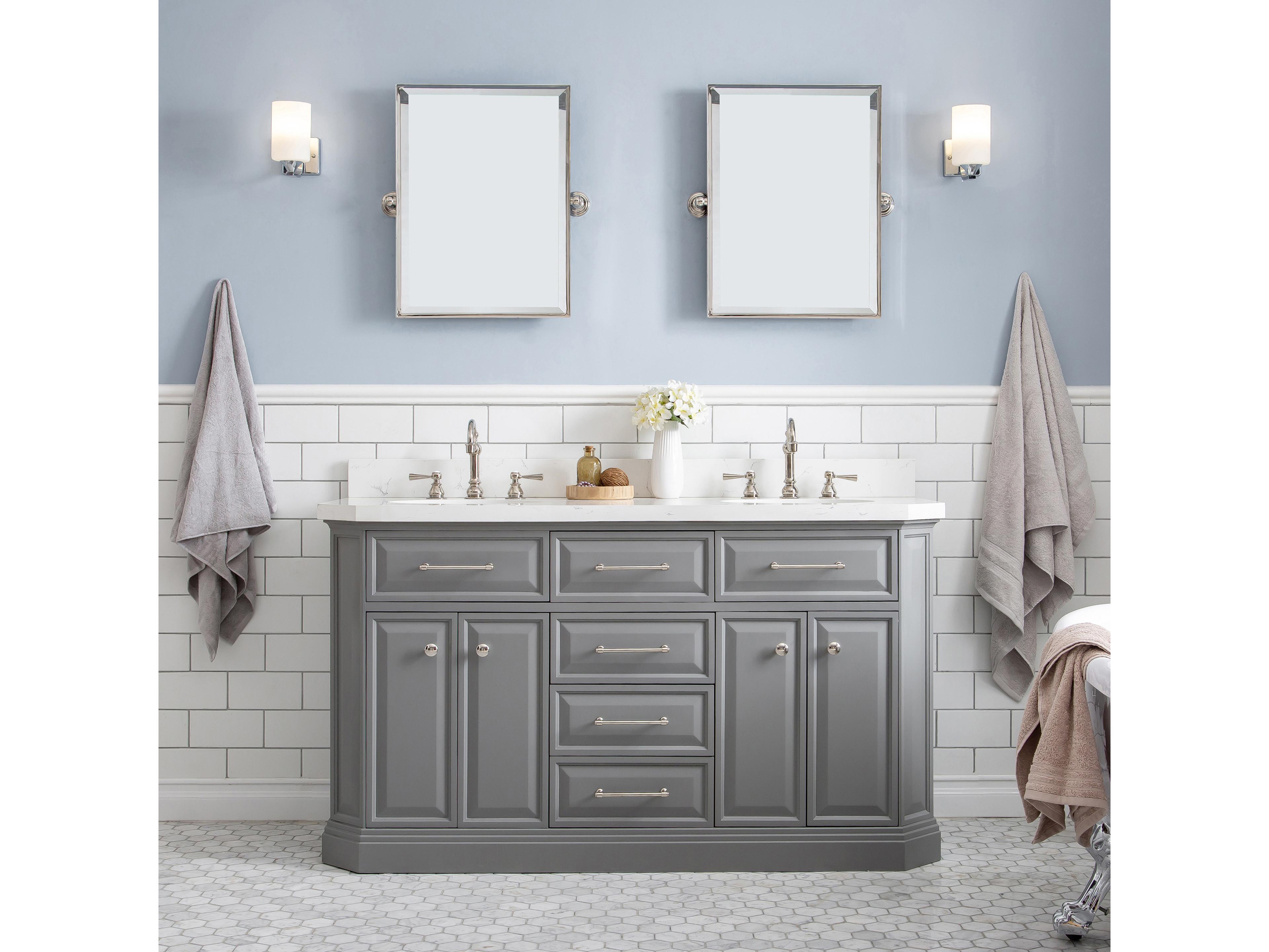 Water Creation Palace Double Sink Carrara Quartz Countertop Bath Vanity in Cashmere Grey with Polished Nickel (PVD) Hardware, Hook Faucets and Rectangular Pivot Mirrors