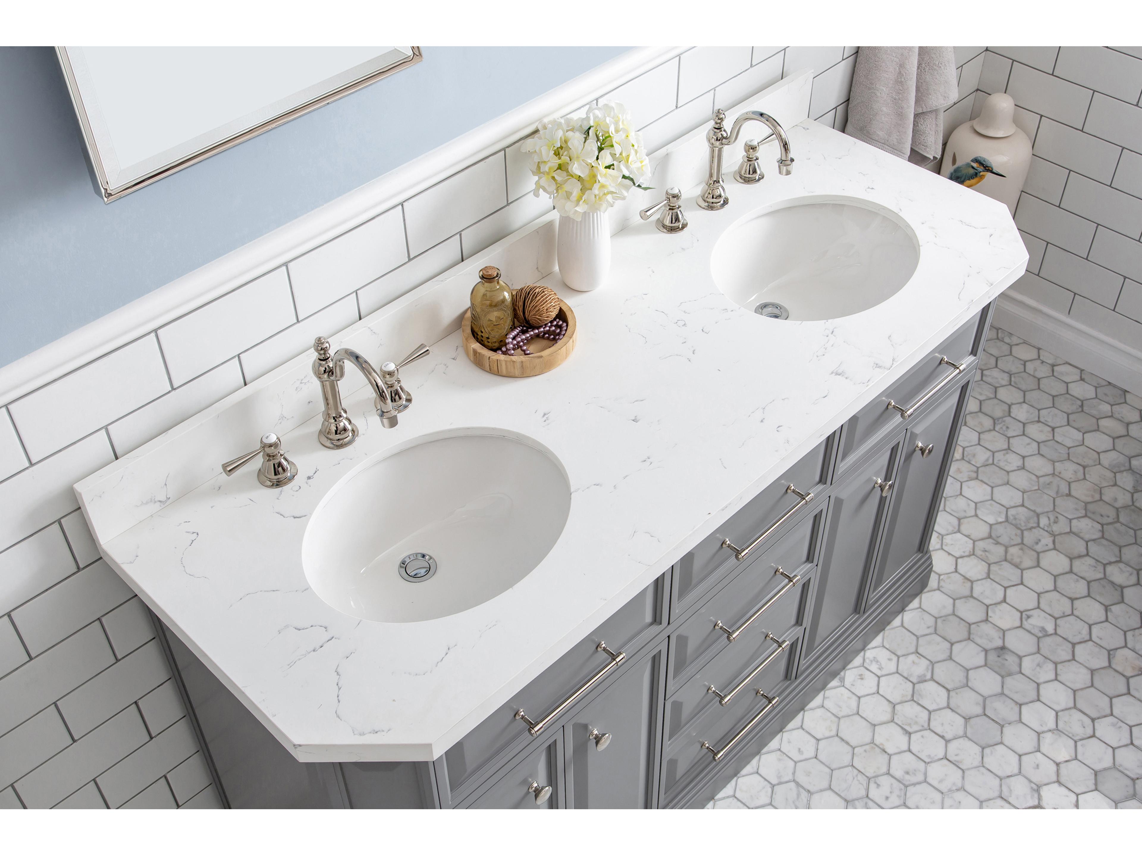 Water Creation Palace Double Sink Carrara Quartz Countertop Bath Vanity in Cashmere Grey with Polished Nickel (PVD) Hardware, Hook Faucets and Rectangular Pivot Mirrors