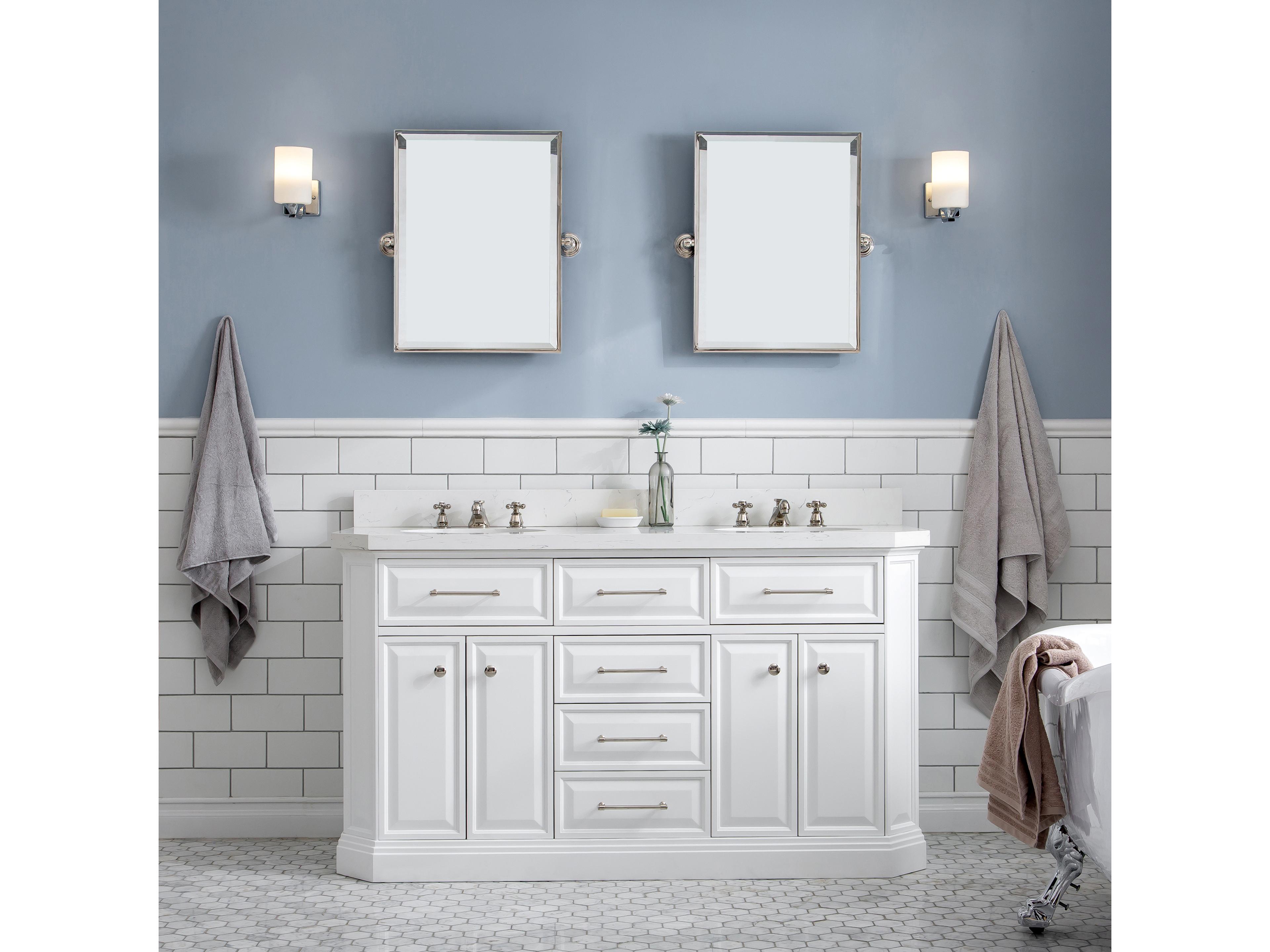 Water Creation Palace Double Sink Carrara Quartz Countertop Bath Vanity in Pure White with Polished Nickel (PVD) Hardware and Classic Faucet