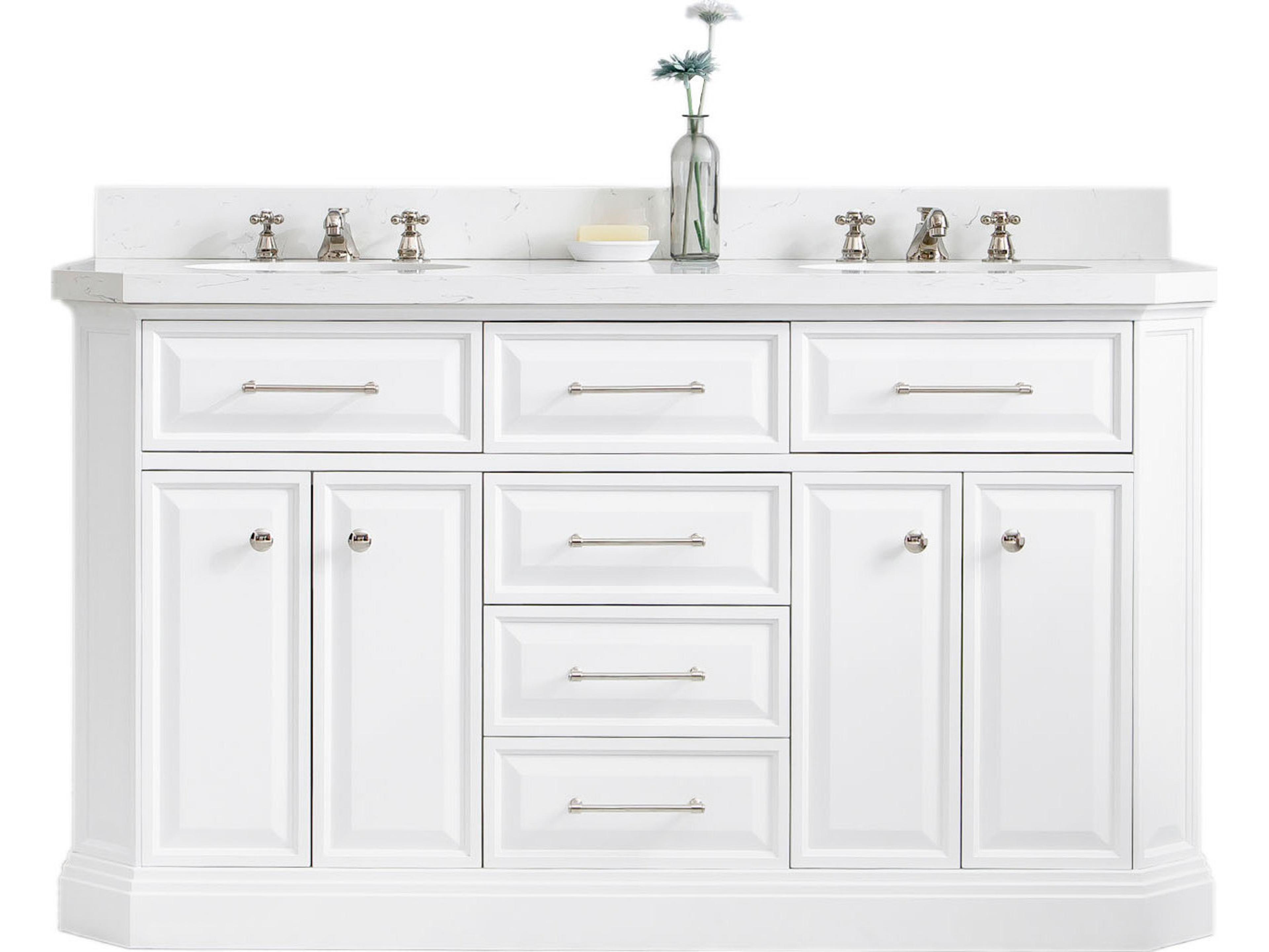 Water Creation Palace Double Sink Carrara Quartz Countertop Bath Vanity in Pure White with Polished Nickel (PVD) Hardware and Classic Faucet
