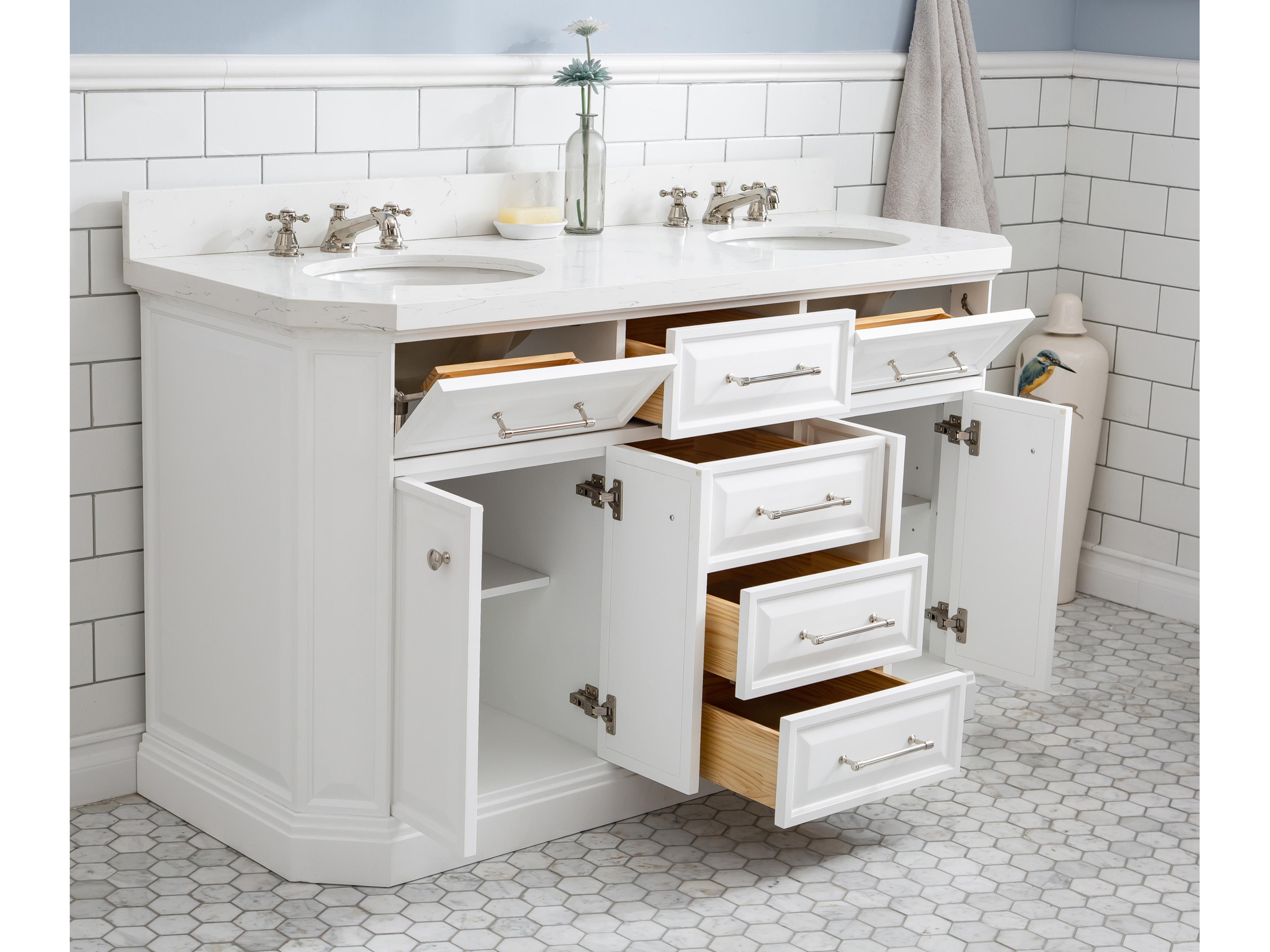 Water Creation Palace Double Sink Carrara Quartz Countertop Bath Vanity in Pure White with Polished Nickel (PVD) Hardware and Classic Faucet