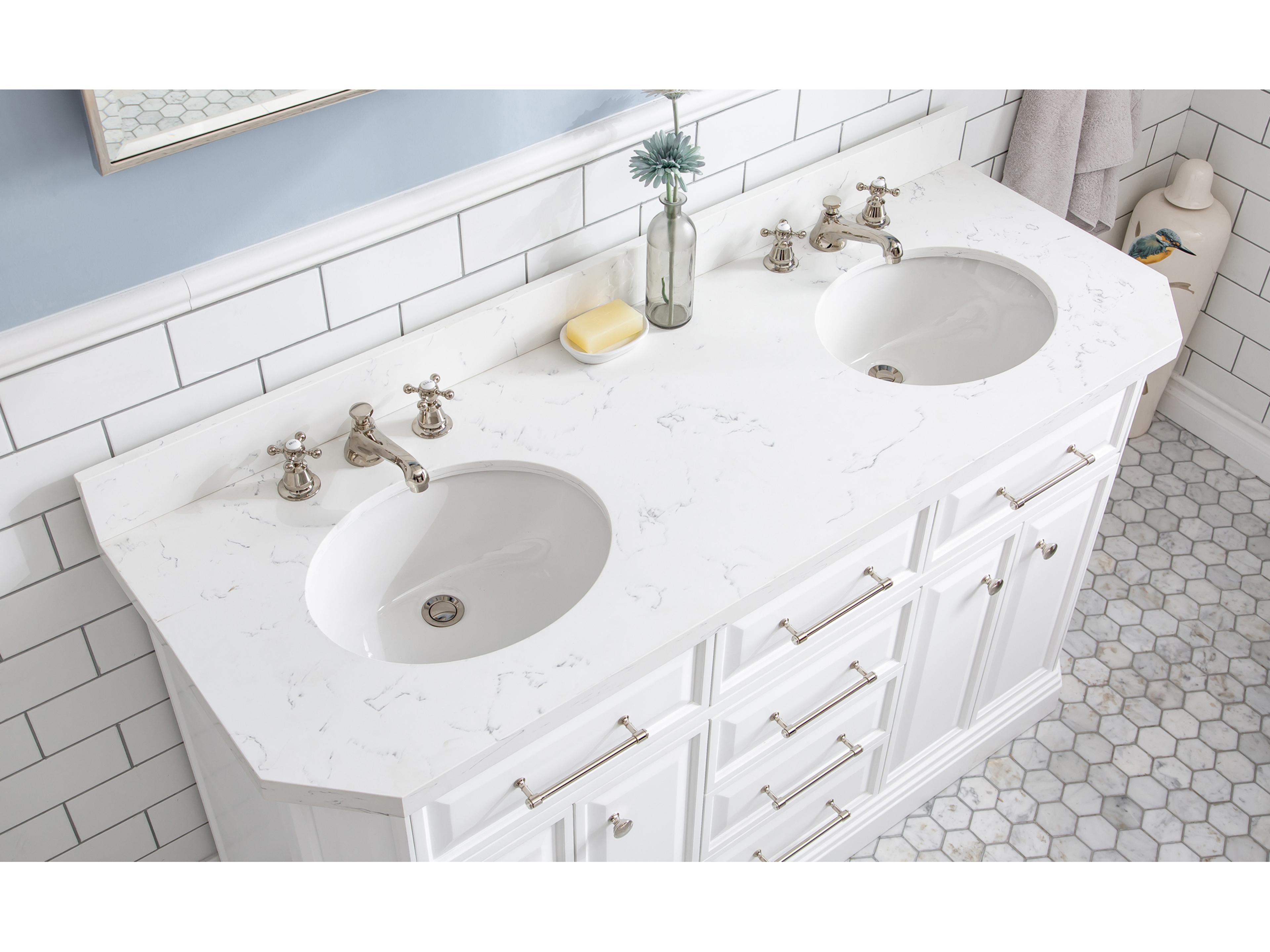 Water Creation Palace Double Sink Carrara Quartz Countertop Bath Vanity in Pure White with Polished Nickel (PVD) Hardware and Classic Faucet