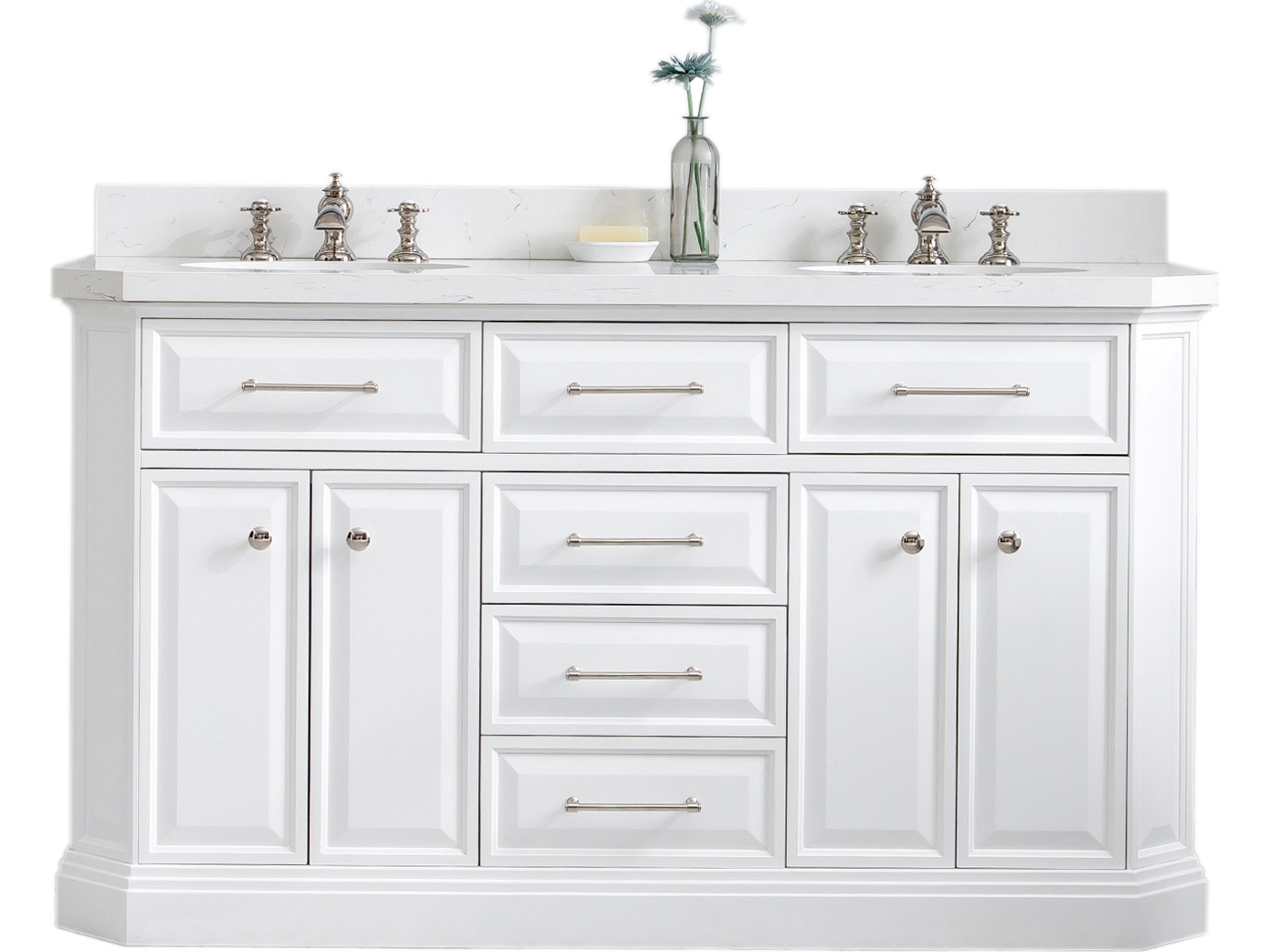 Palace Double Sink Carrara Quartz Countertop Bath Vanity in Pure White with Polished Nickel (PVD) Hardware and Waterfall Faucet