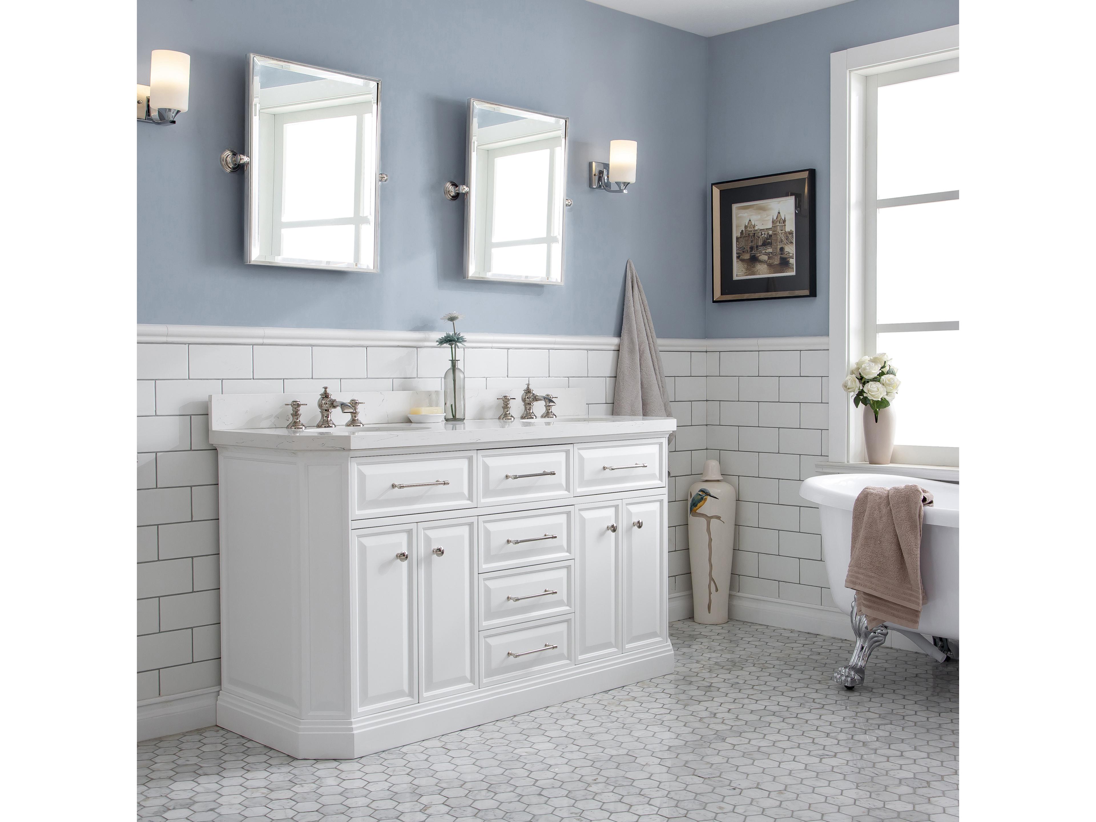 Water Creation Palace Double Sink Carrara Quartz Countertop Bath Vanity in Pure White with Polished Nickel (PVD) Hardware and Waterfall Faucet