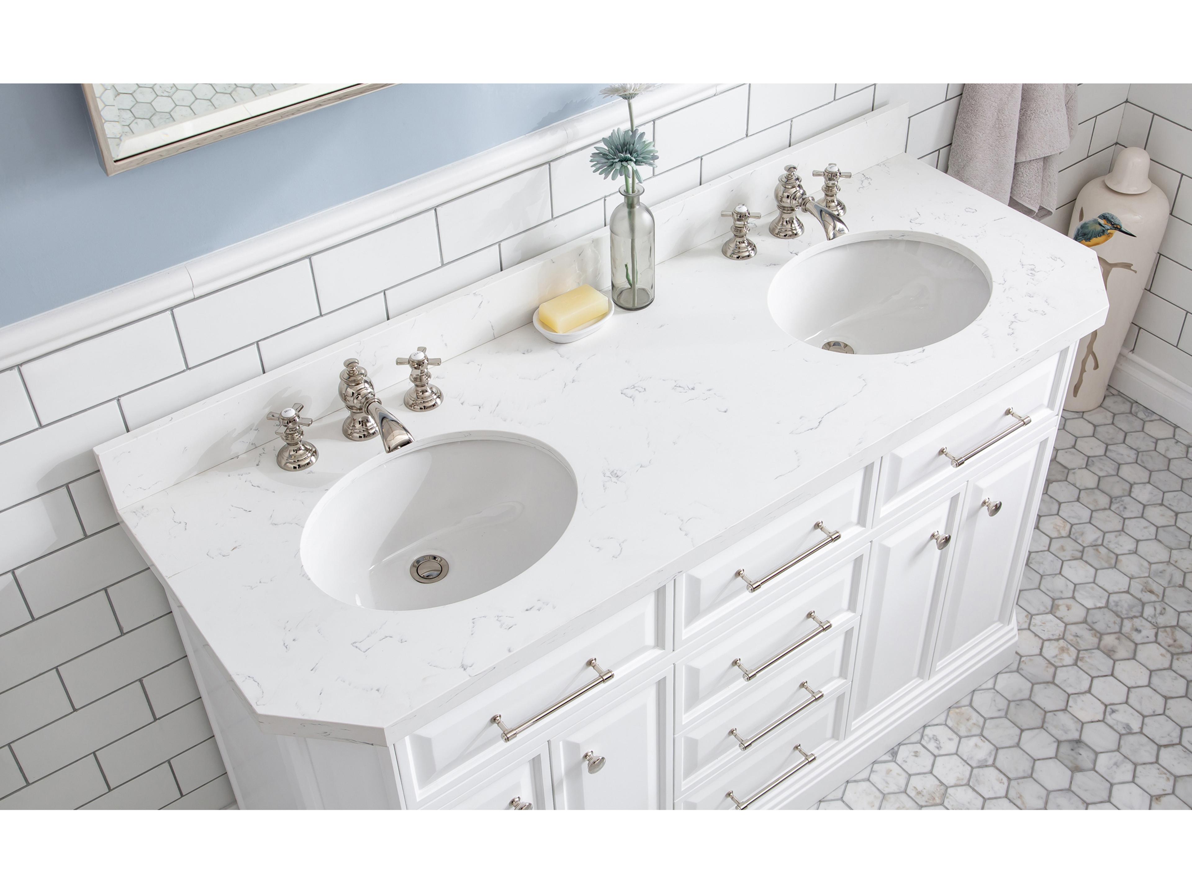 Water Creation Palace Double Sink Carrara Quartz Countertop Bath Vanity in Pure White with Polished Nickel (PVD) Hardware and Waterfall Faucet