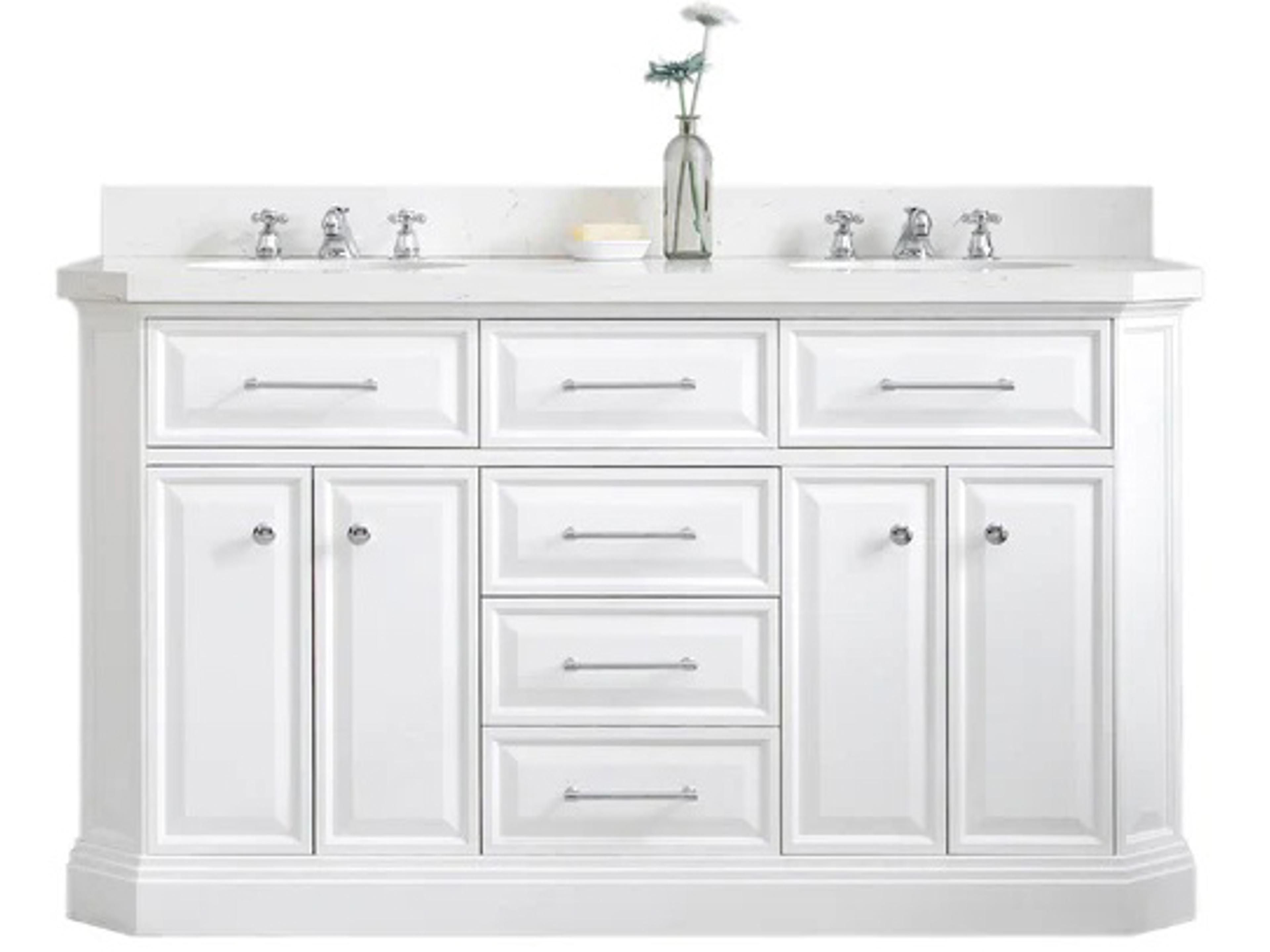 Water Creation Palace Double Sink Carrara Quartz Countertop Bath Vanity in Pure White with Polished Nickel (PVD) Hardware and Hook Faucet