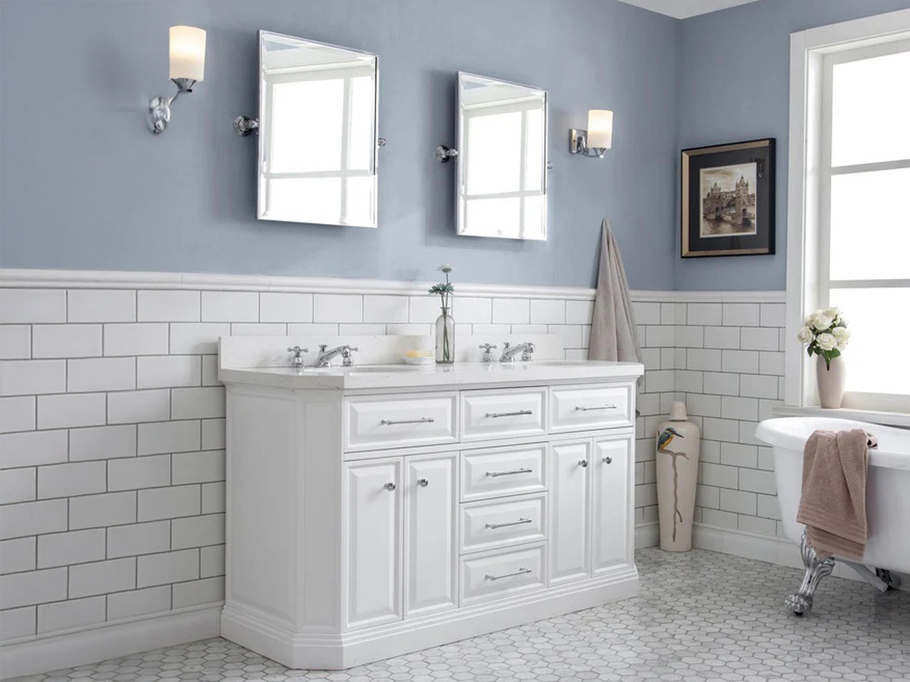 Water Creation Palace Double Sink Carrara Quartz Countertop Bath Vanity in Pure White with Polished Nickel (PVD) Hardware and Hook Faucet