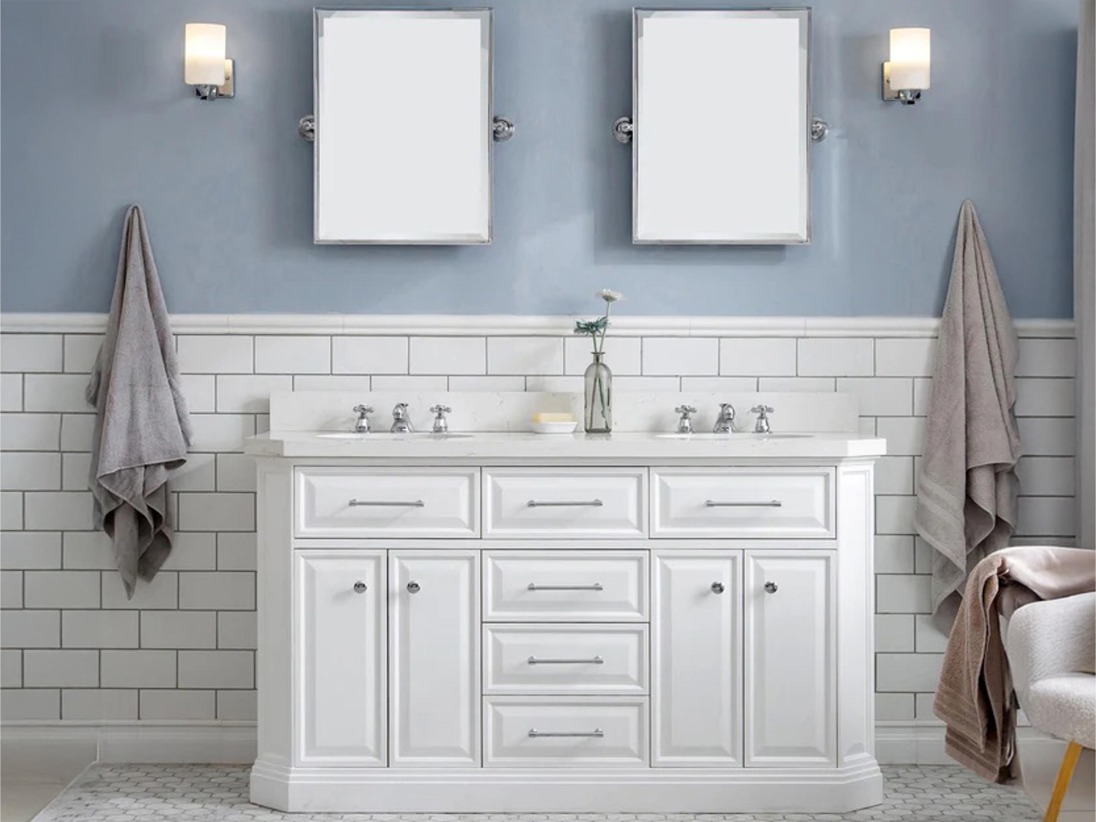 Water Creation Palace Double Sink Carrara Quartz Countertop Bath Vanity in Pure White with Polished Nickel (PVD) Hardware and Hook Faucet