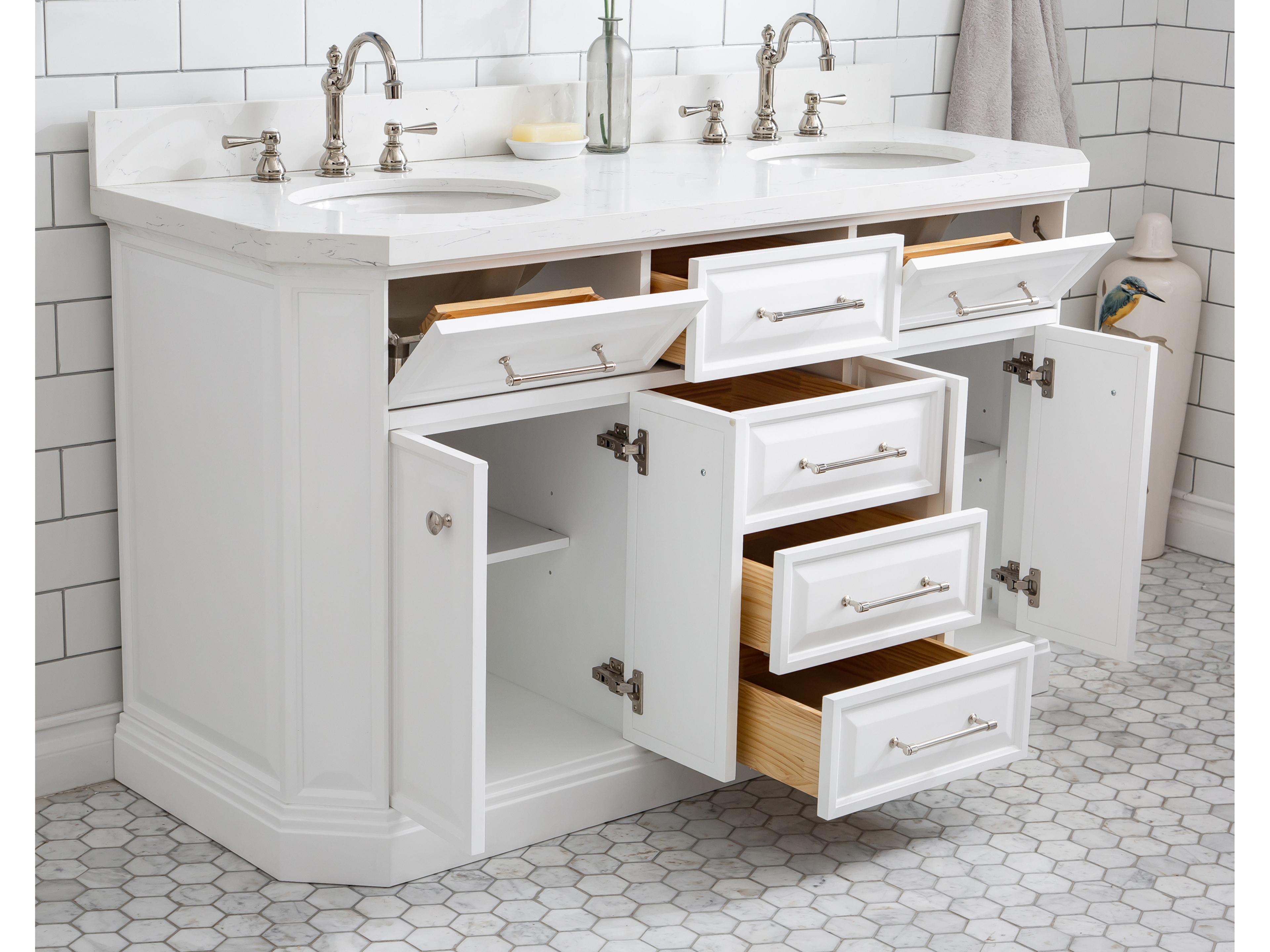 Water Creation Palace Double Sink Carrara Quartz Countertop Bath Vanity in Pure White with Polished Nickel (PVD) Hardware and Hook Faucet