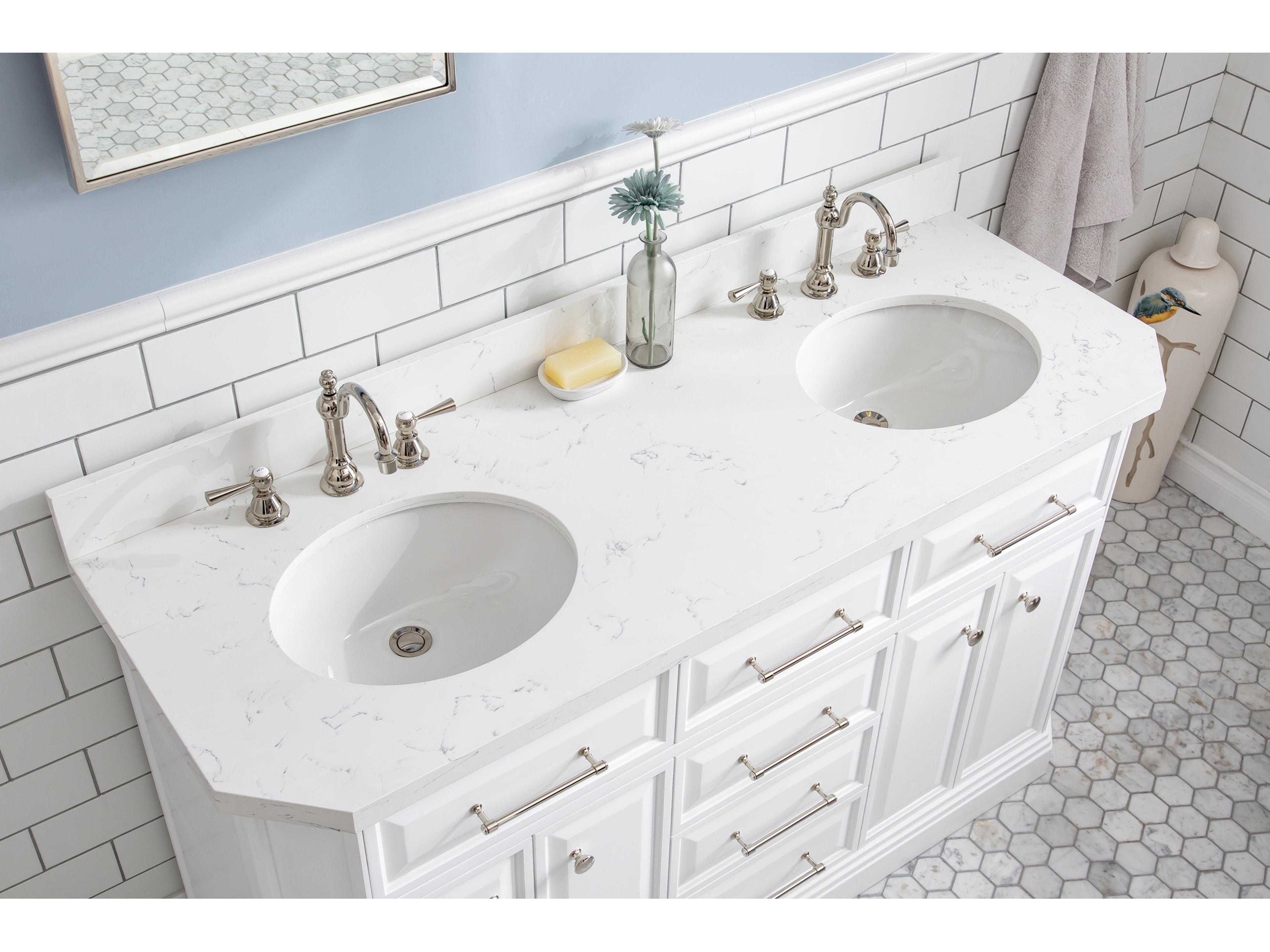 Water Creation Palace Double Sink Carrara Quartz Countertop Bath Vanity in Pure White with Polished Nickel (PVD) Hardware and Hook Faucet