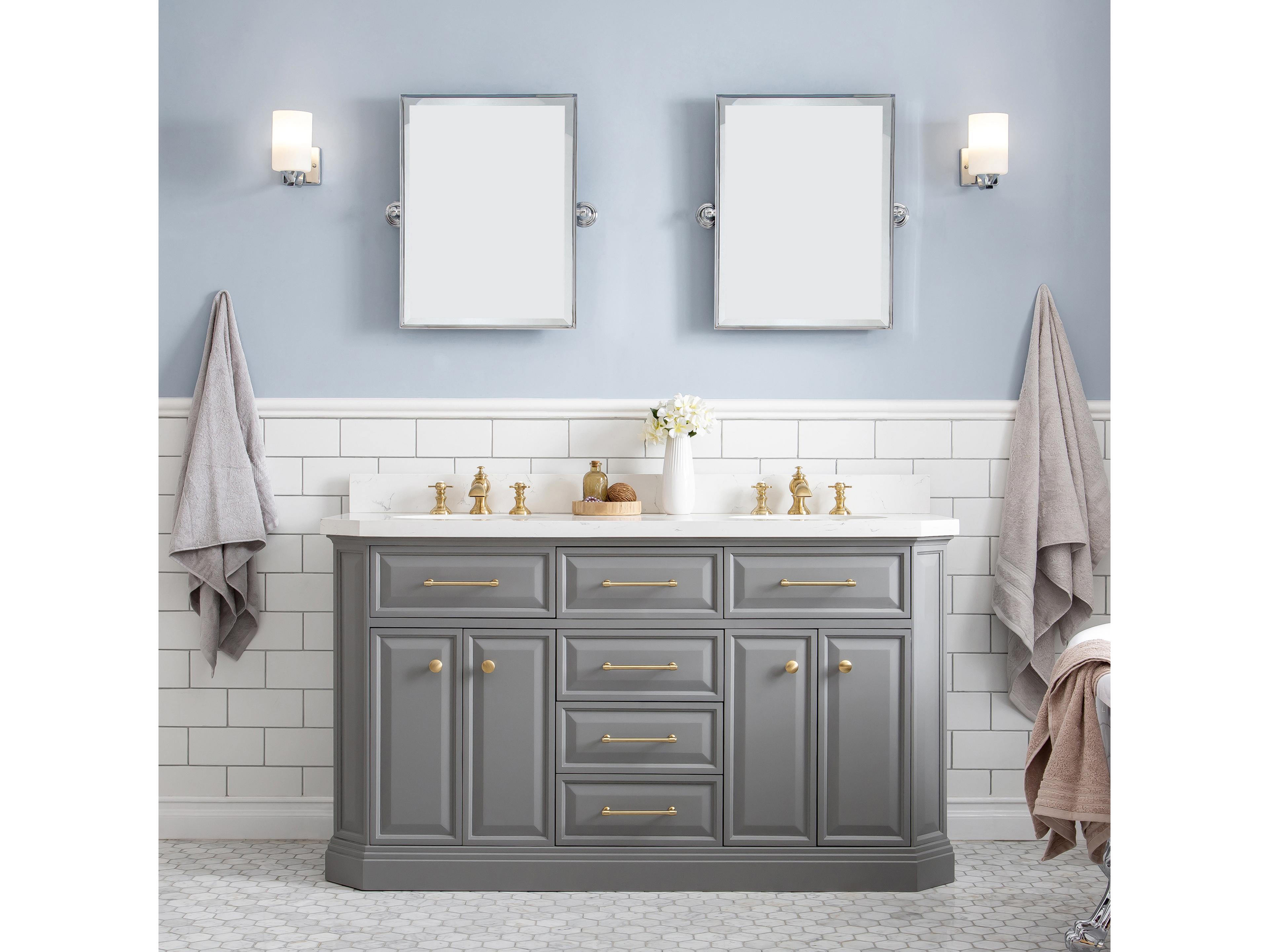 Water Creation Palace Double Sink Carrara Quartz Countertop Bath Vanity in Cashmere Grey with Satin Gold Hardware