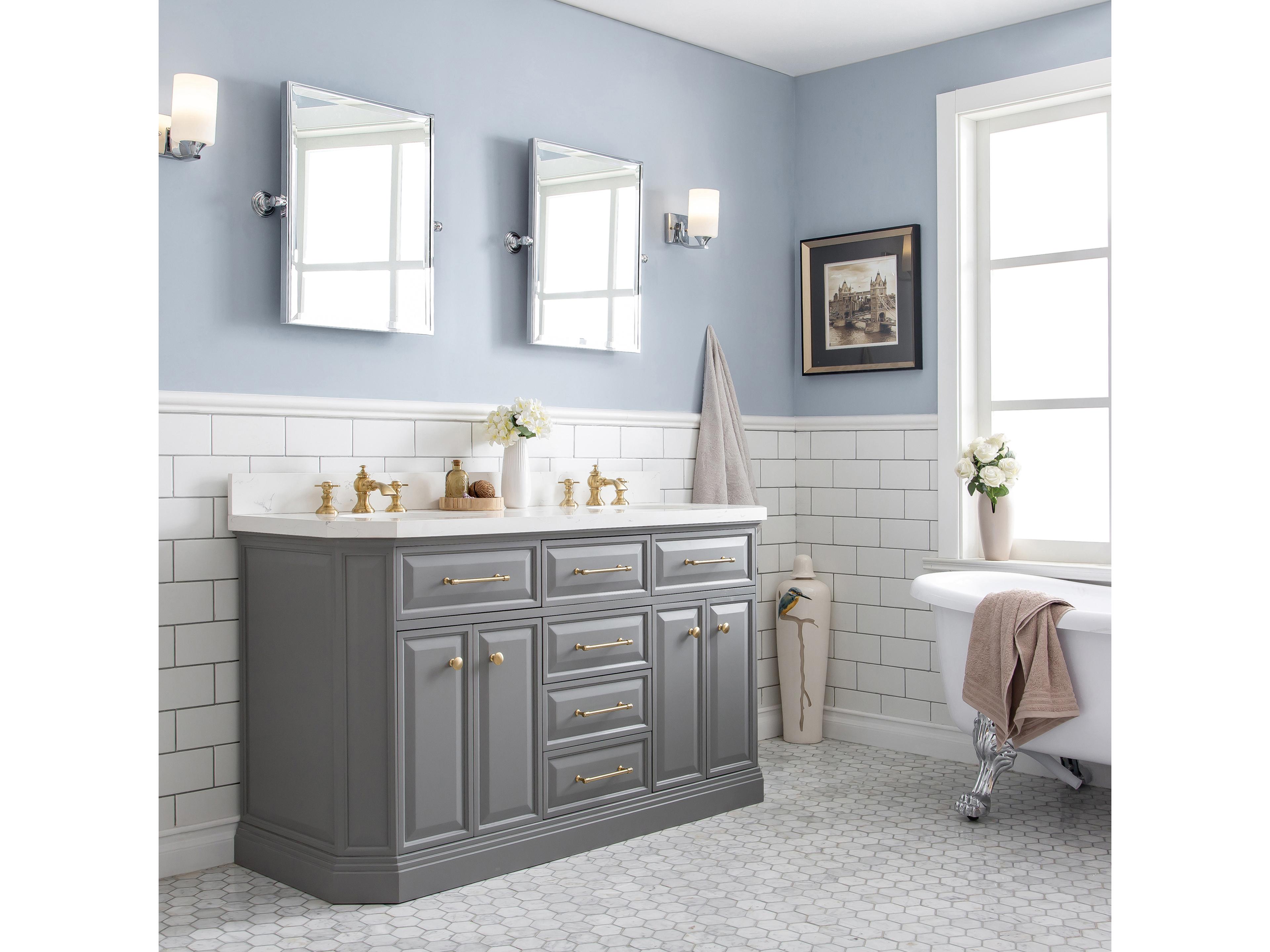 Water Creation Palace Double Sink Carrara Quartz Countertop Bath Vanity in Cashmere Grey with Satin Gold Hardware