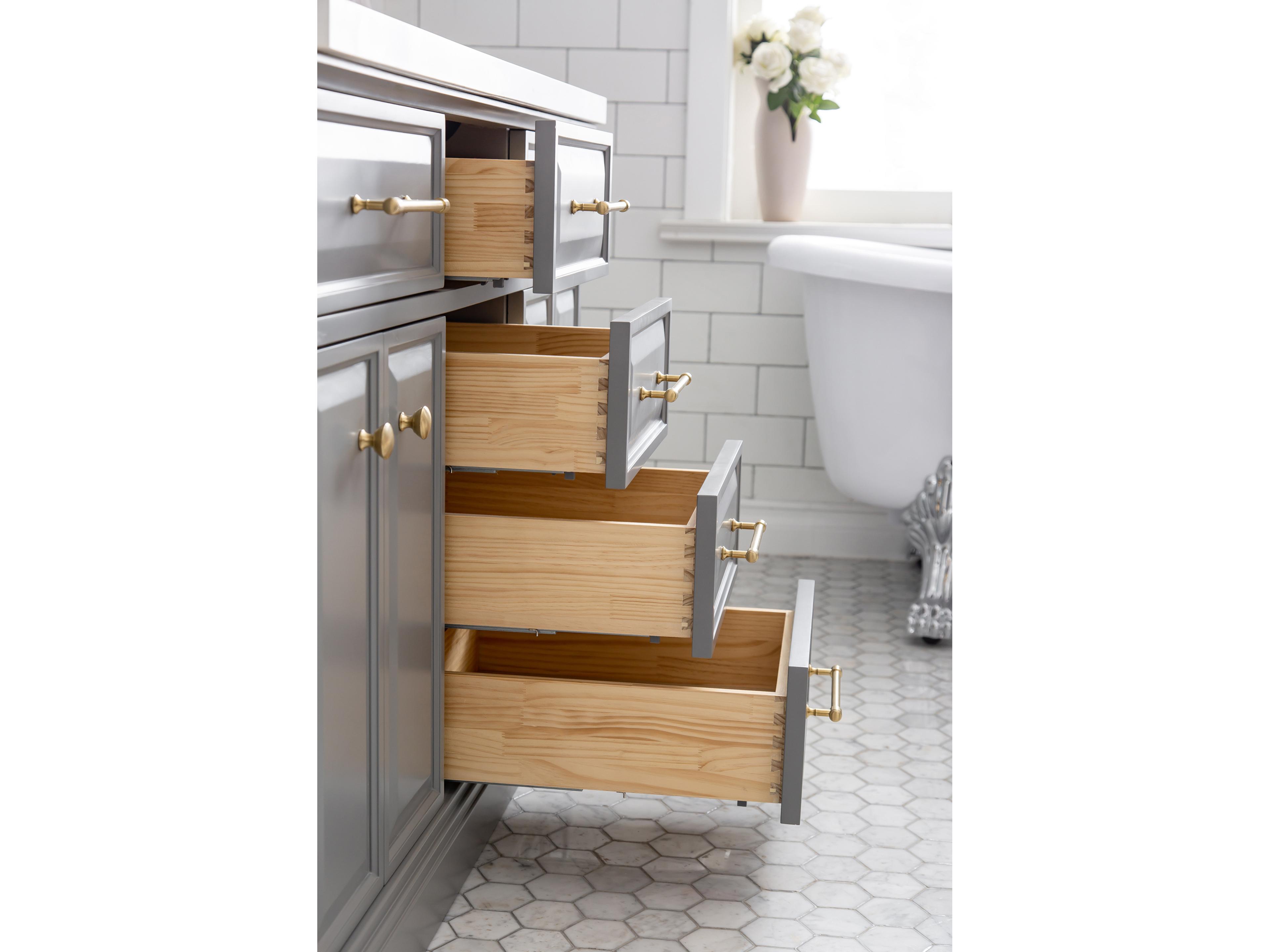 Water Creation Palace Double Sink Carrara Quartz Countertop Bath Vanity in Cashmere Grey with Satin Gold Hardware