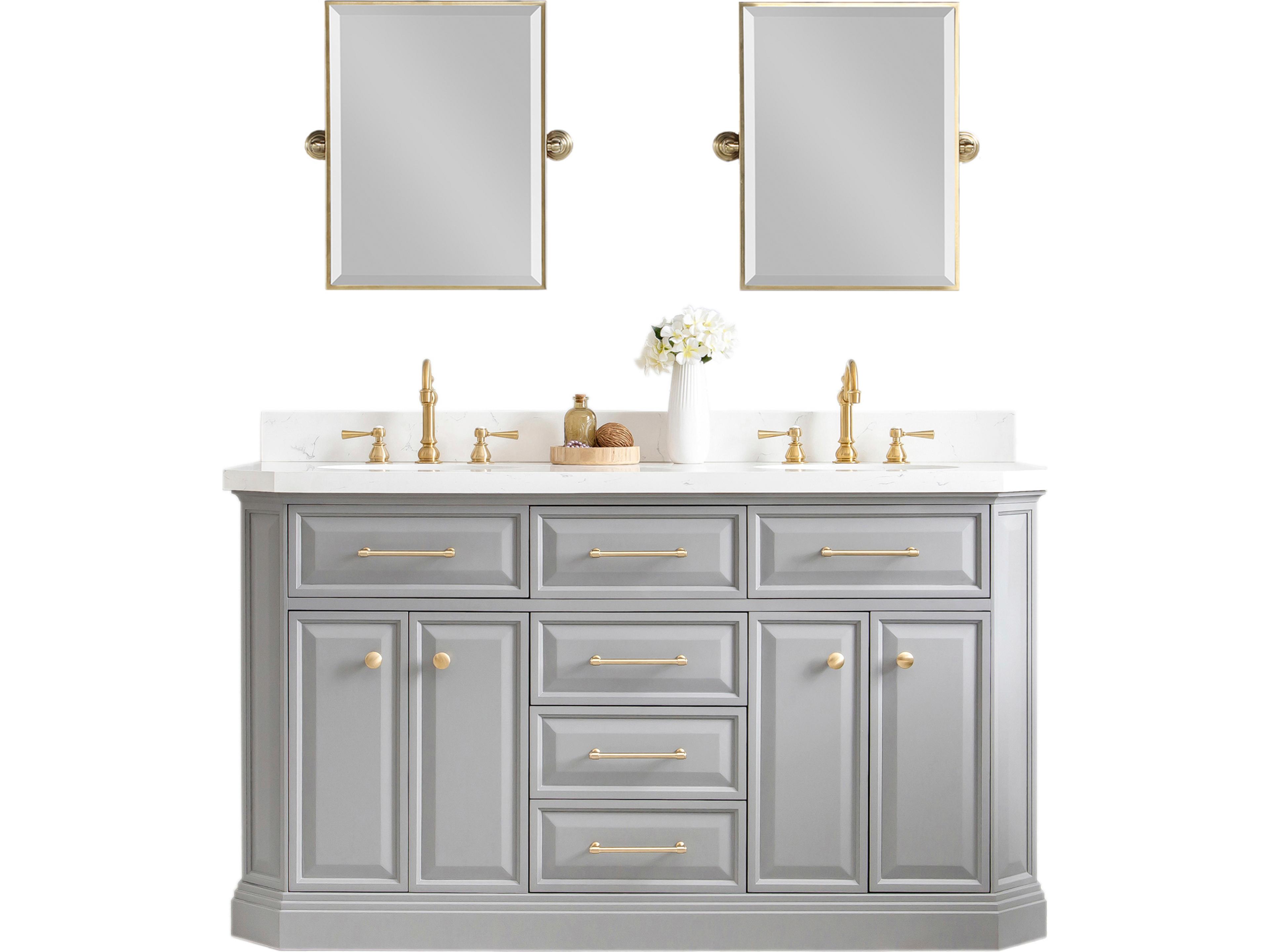 Palace Double Sink Carrara Quartz Countertop Bath Vanity in Cashmere Grey with Satin Gold Hardware and Rectangular Pivot Mirrors