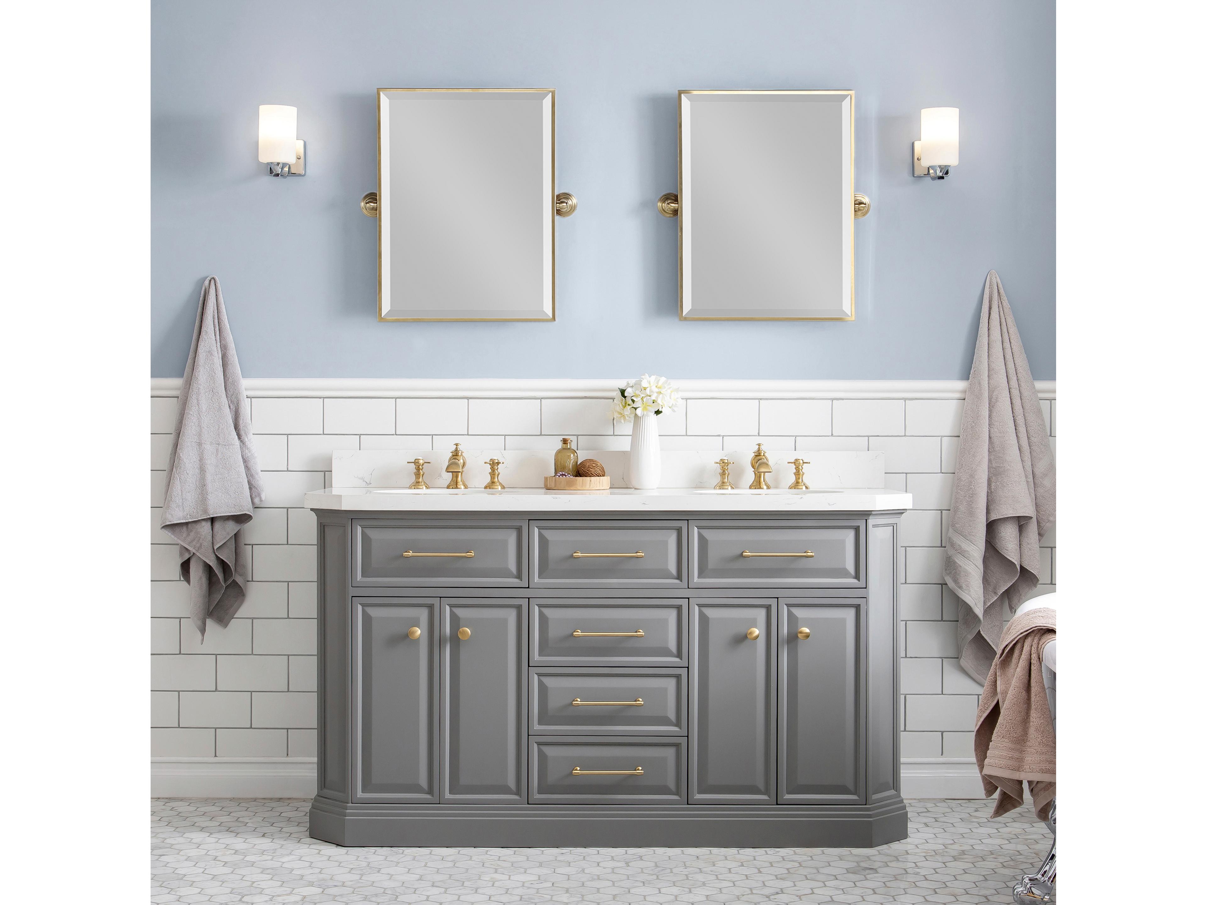 Water Creation Palace Double Sink Carrara Quartz Countertop Bath Vanity in Cashmere Grey with Satin Gold Hardware, Waterfall Faucets and Rectangular Pivot Mirrors