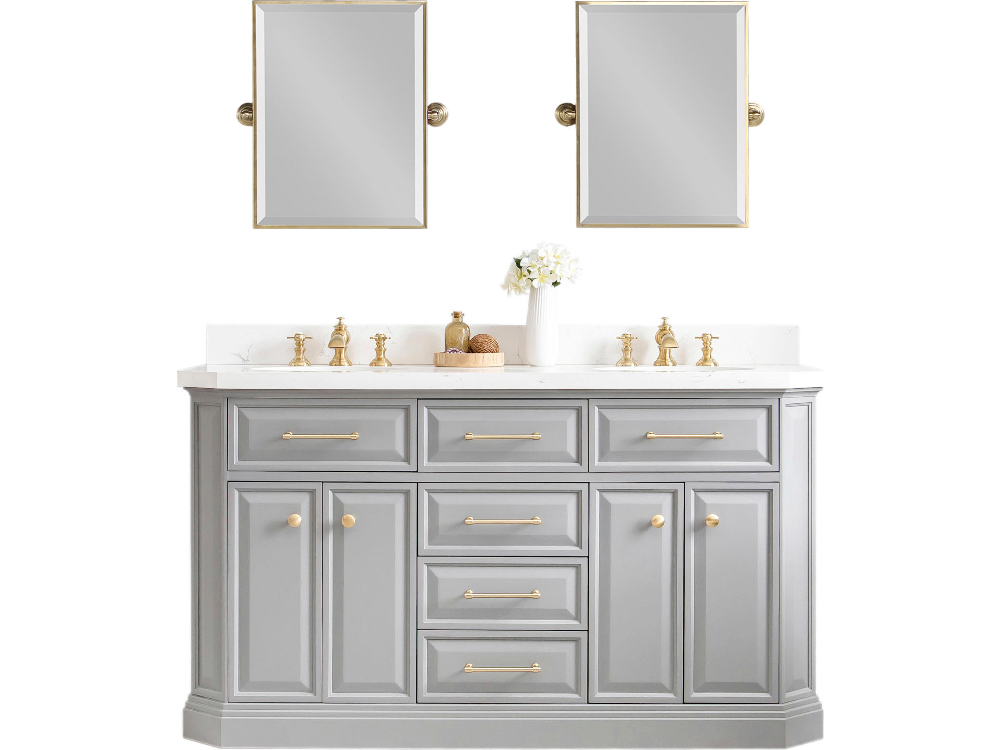 Palace Double Sink Carrara Quartz Countertop Bath Vanity in Cashmere Grey with Satin Gold Hardware, Waterfall Faucets and Rectangular Pivot Mirrors