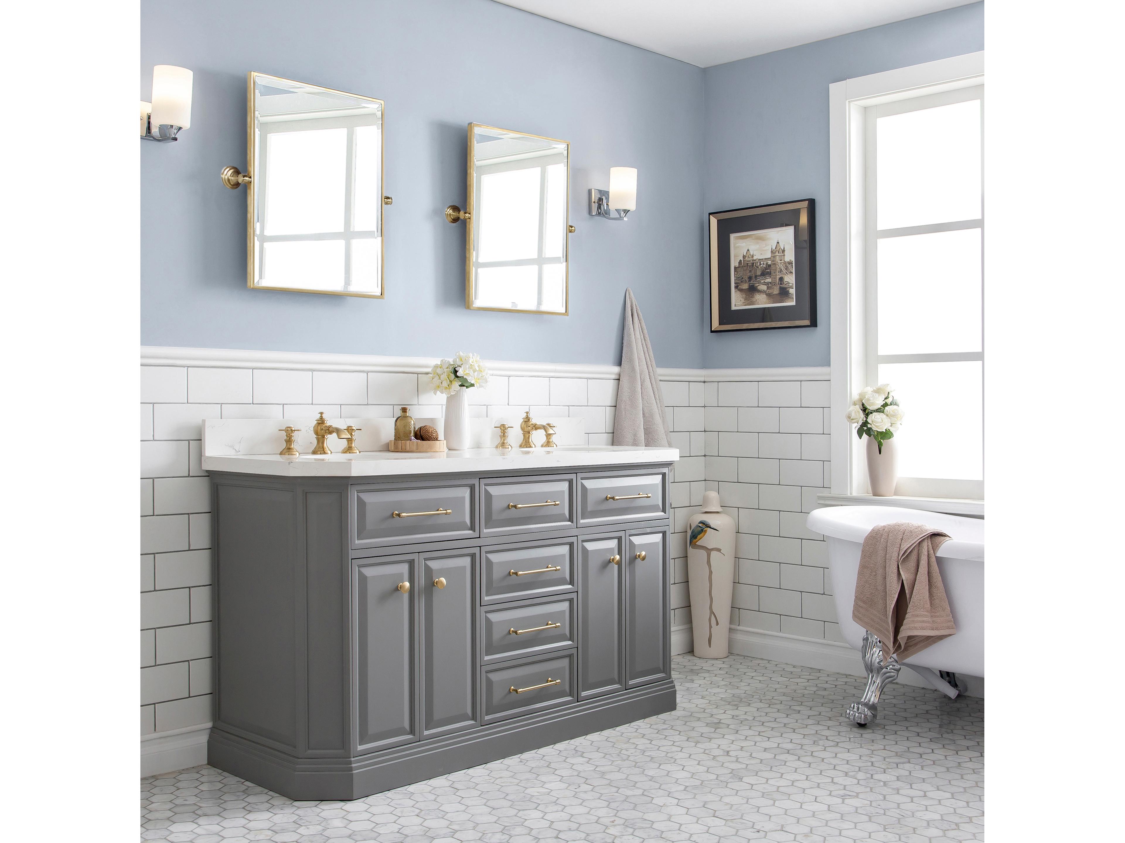 Water Creation Palace Double Sink Carrara Quartz Countertop Bath Vanity in Cashmere Grey with Satin Gold Hardware, Waterfall Faucets and Rectangular Pivot Mirrors
