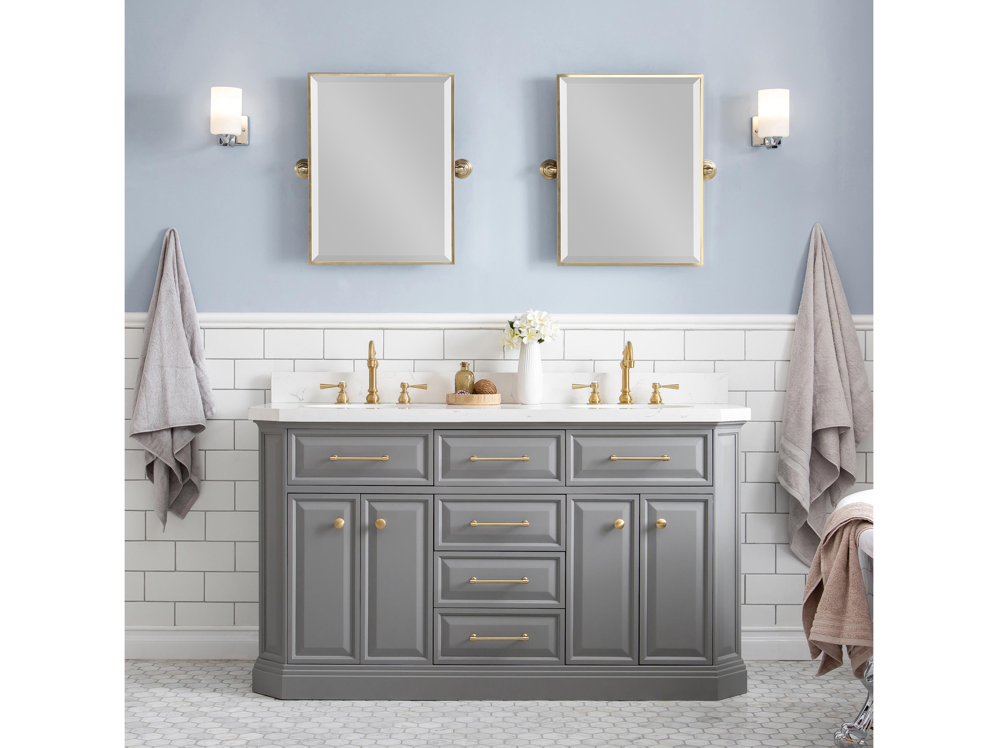 Water Creation Palace Double Sink Carrara Quartz Countertop Bath Vanity in Cashmere Grey with Satin Gold Hardware, Hook Faucets and Rectangular Pivot Mirrors