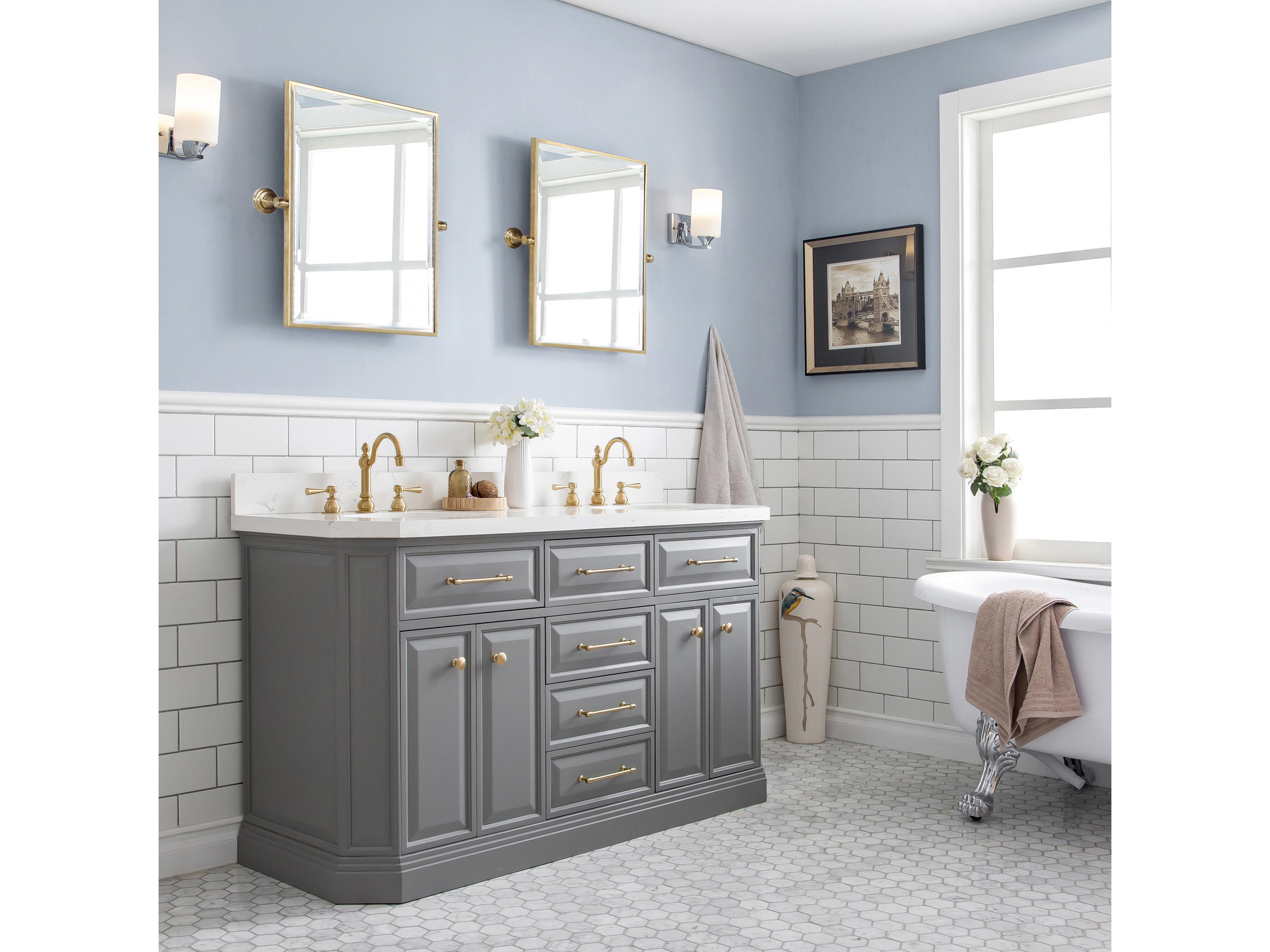 Water Creation Palace Double Sink Carrara Quartz Countertop Bath Vanity in Cashmere Grey with Satin Gold Hardware, Hook Faucets and Rectangular Pivot Mirrors