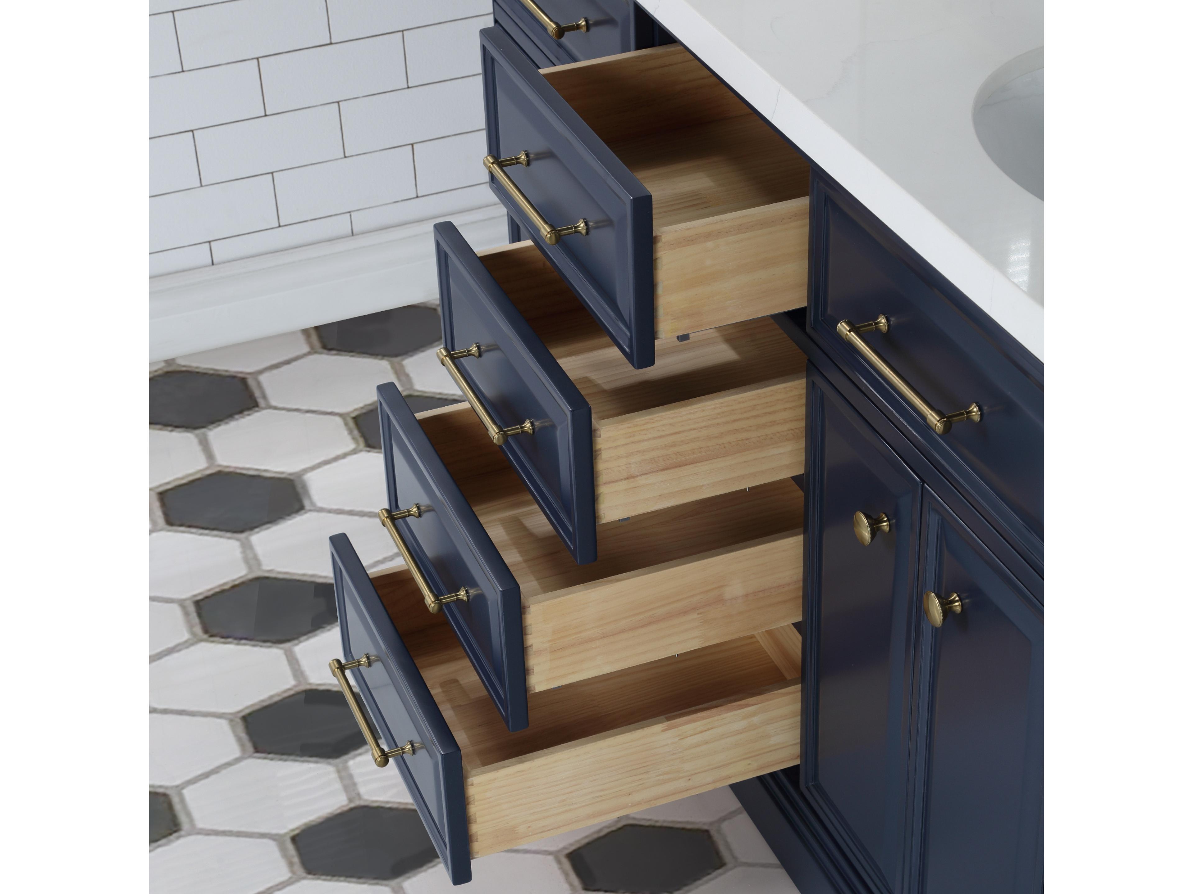 Water Creation Palace Satin Gold Double Sink Carrara Quartz Countertop Bath Vanity in Monarch Blue with Satin Gold Hardware