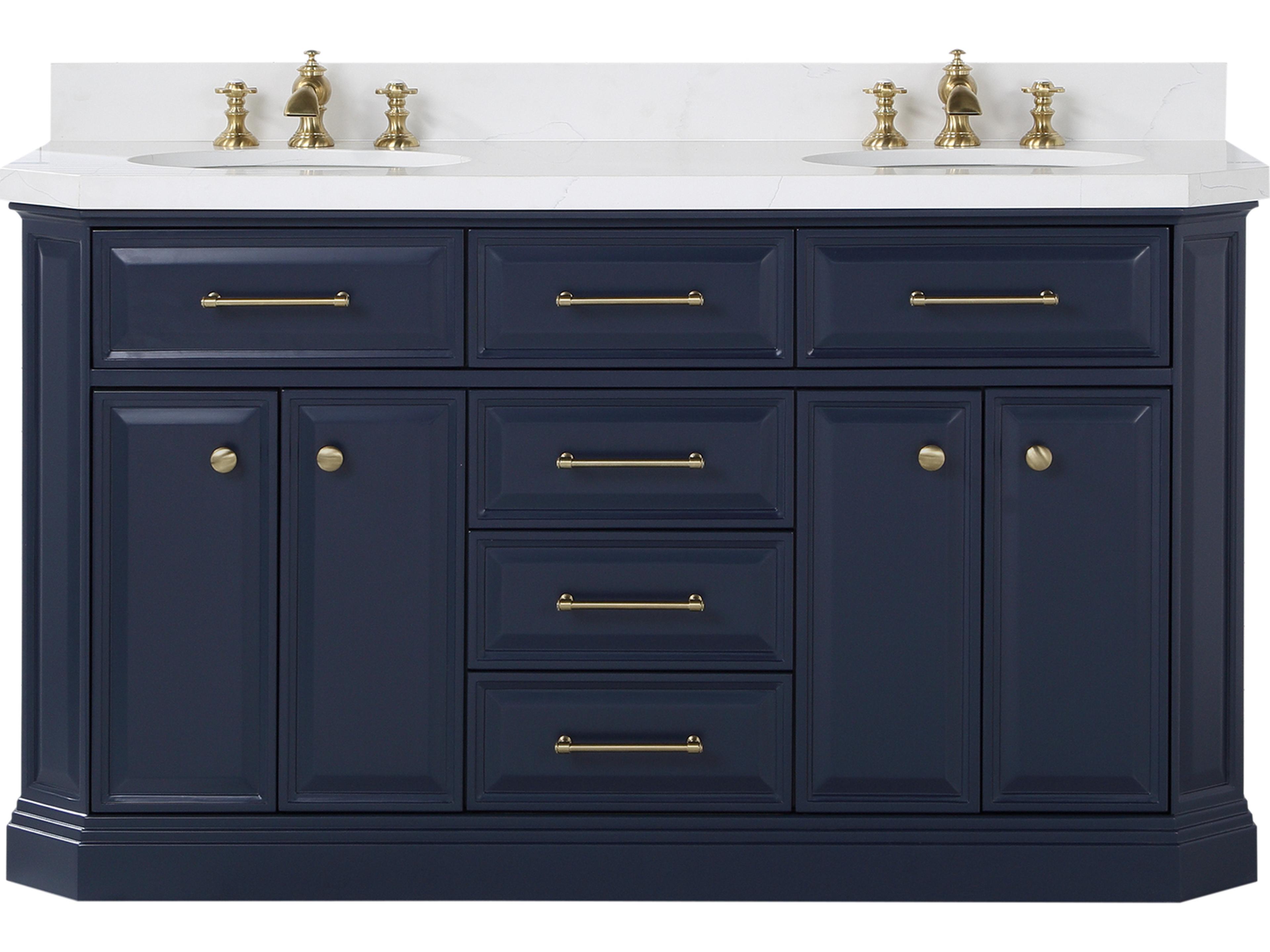 Water Creation Palace Double Sink Carrara Quartz Countertop Bath Vanity in Monarch Blue with Satin Gold Hardware and Waterfall Faucets