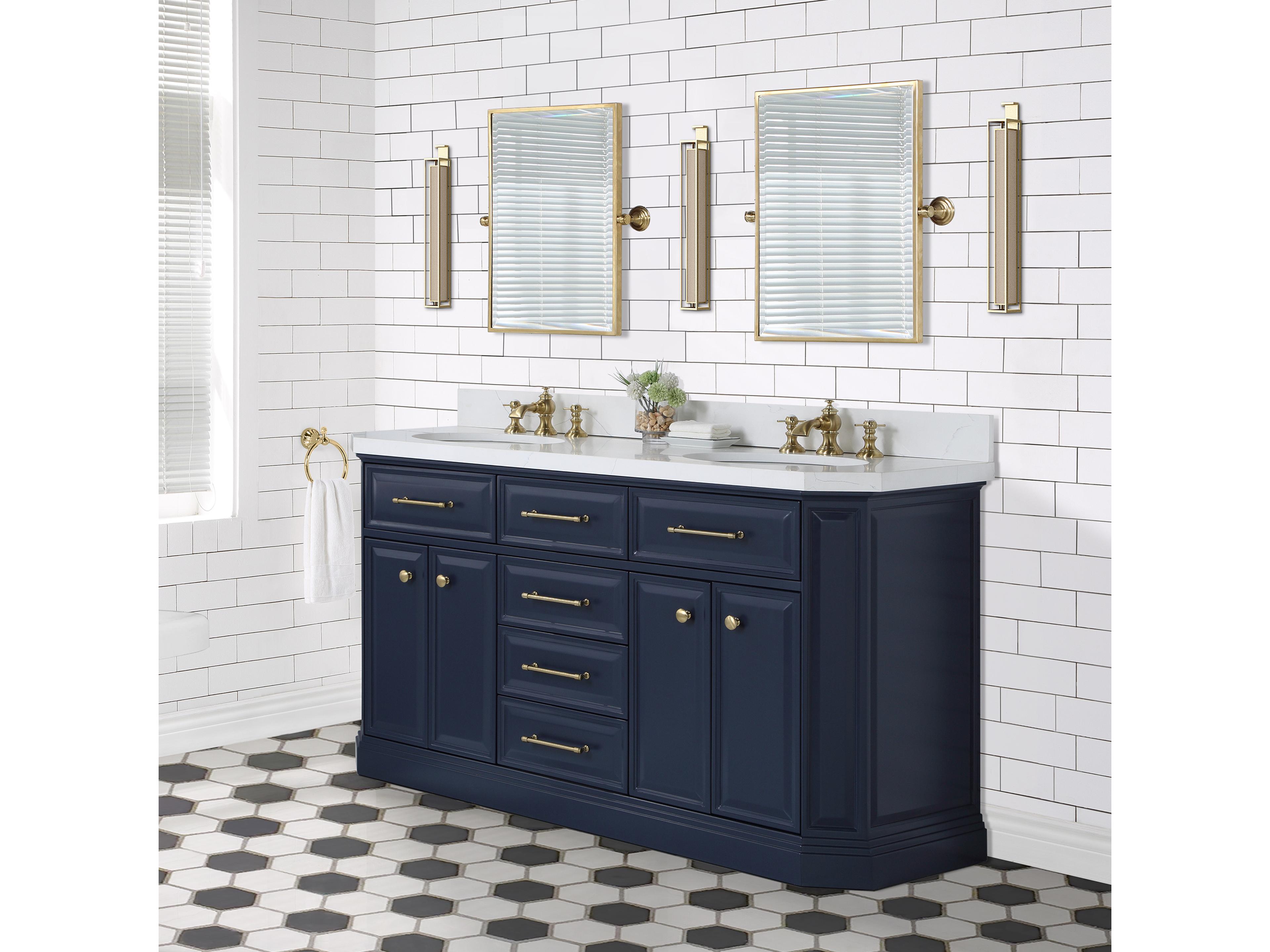 Water Creation Palace Double Sink Carrara Quartz Countertop Bath Vanity in Monarch Blue with Satin Gold Hardware and Waterfall Faucets