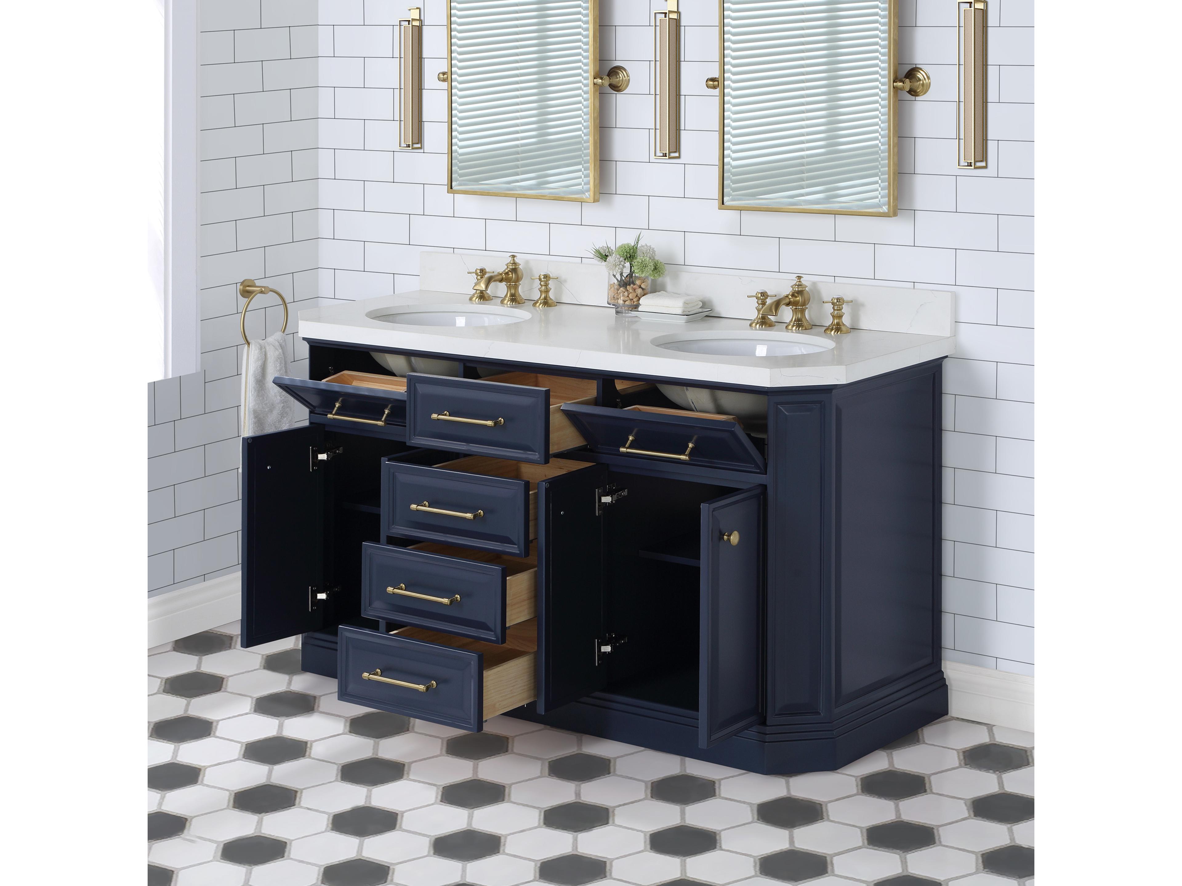 Water Creation Palace Double Sink Carrara Quartz Countertop Bath Vanity in Monarch Blue with Satin Gold Hardware and Waterfall Faucets