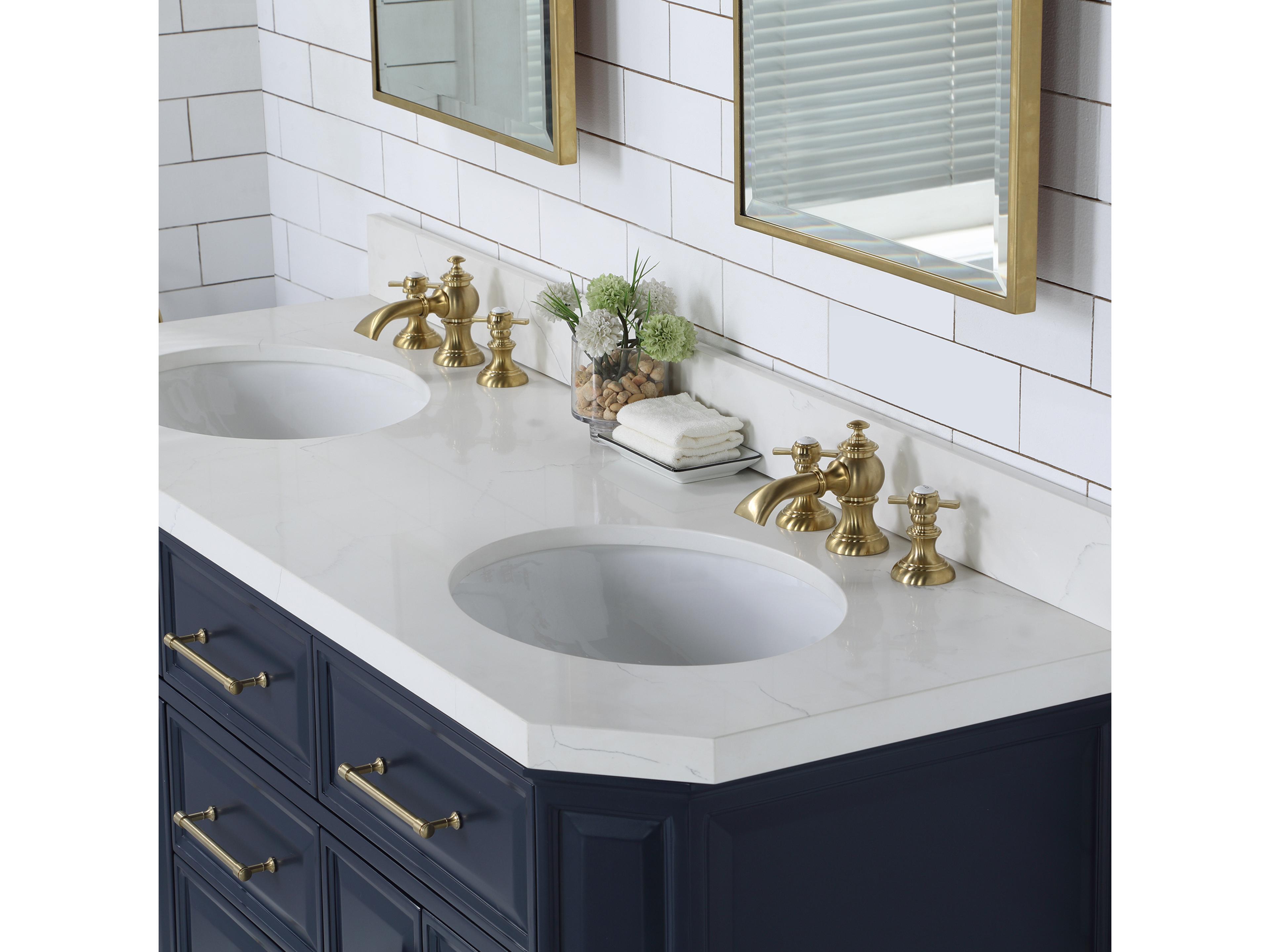 Water Creation Palace Double Sink Carrara Quartz Countertop Bath Vanity in Monarch Blue with Satin Gold Hardware and Waterfall Faucets
