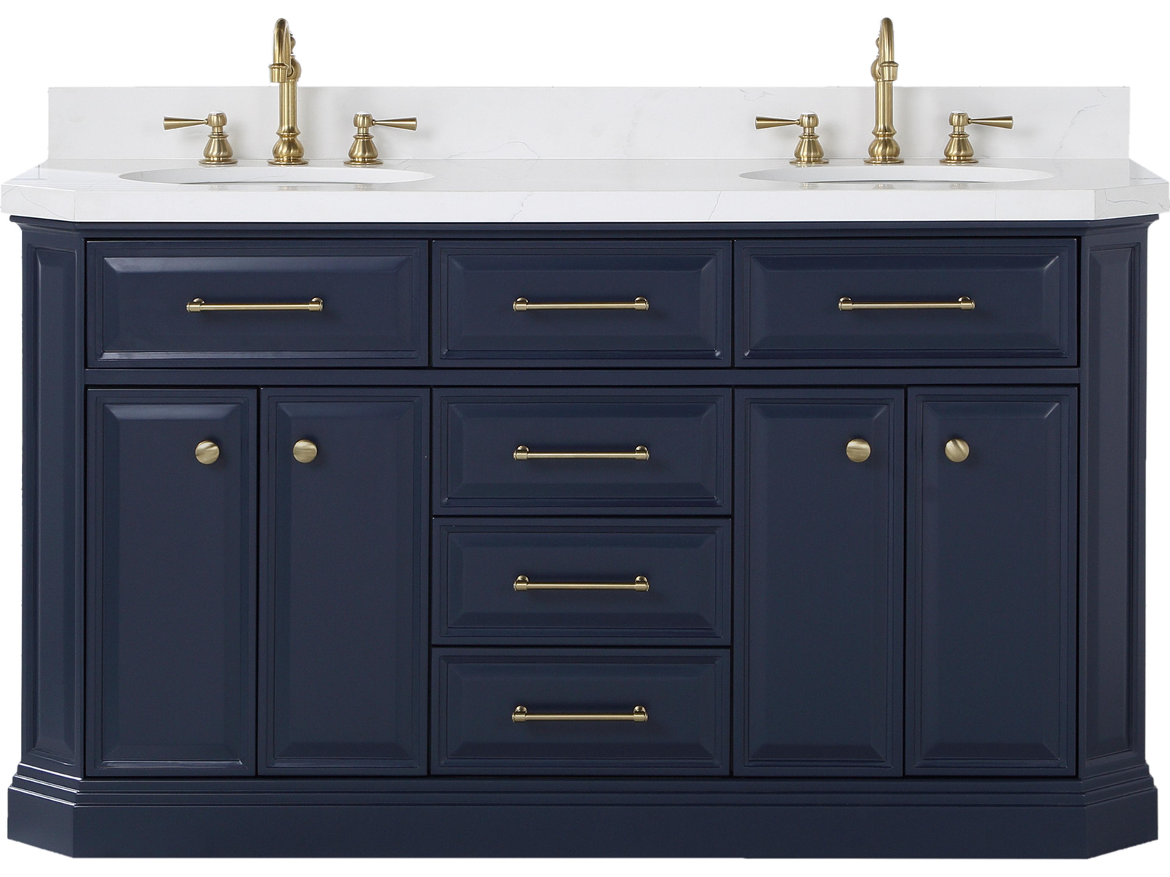 Palace Double Sink Carrara Quartz Countertop Bath Vanity in Monarch Blue with Satin Gold Hardware and Hook Faucets